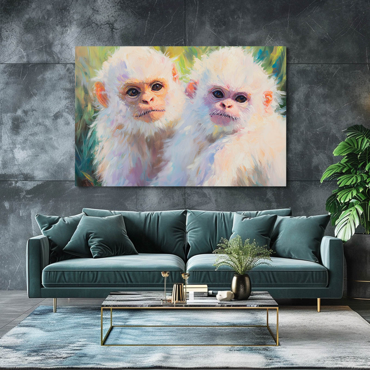Snow White Pair Monkey Wall Decor — contemporary canvas print, styled in a furnished interior