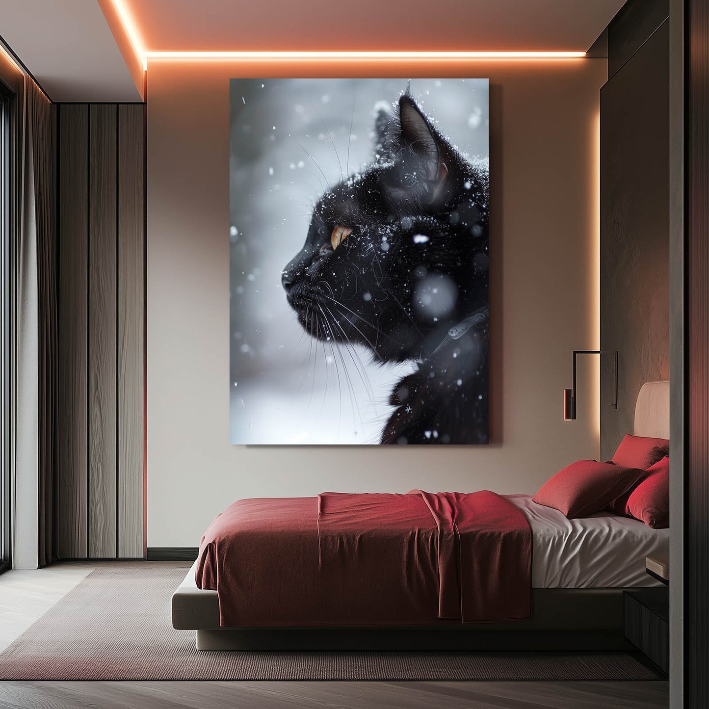 Snowfall Black Profile Cat Wall Art — minimalist canvas print, styled in a furnished interior