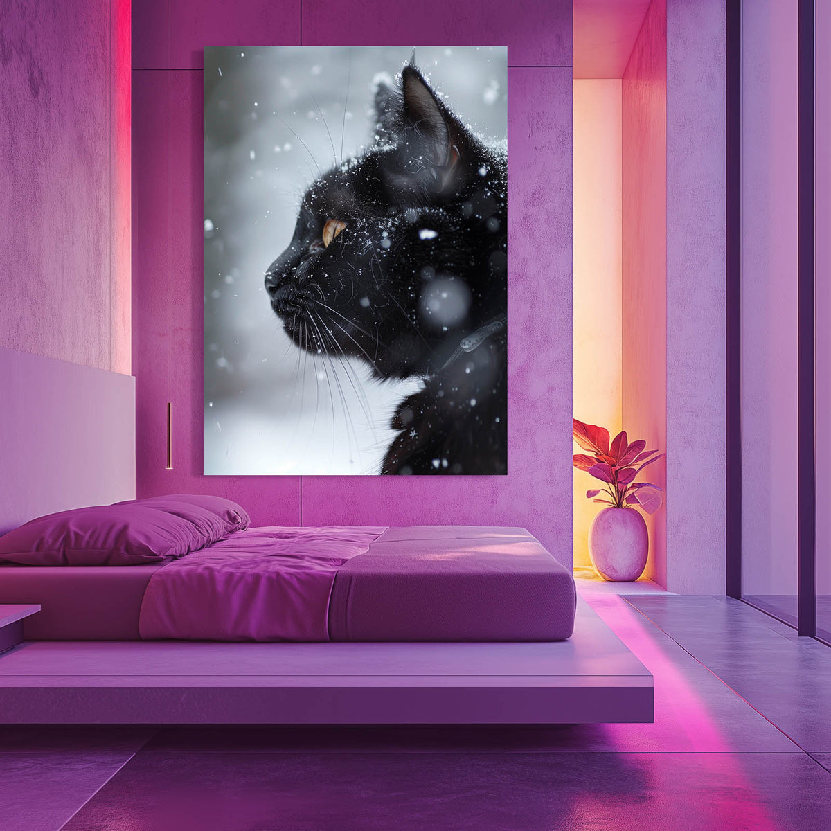 Snowfall Black Profile Cat Wall Art — minimalist canvas print, styled in a furnished interior