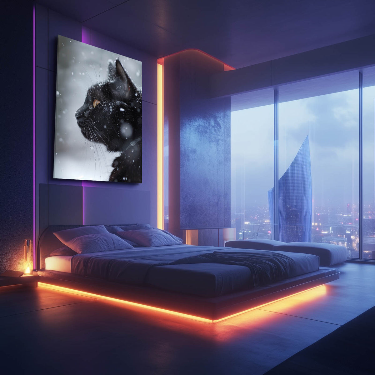 Snowfall Black Profile Cat Wall Art — minimalist canvas print, styled in a furnished interior