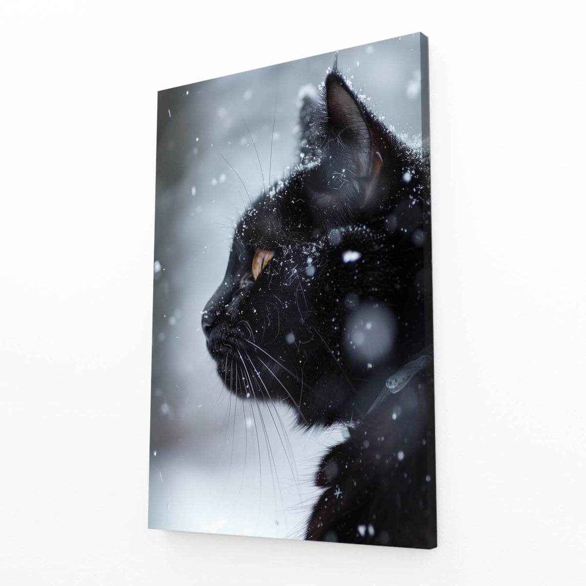 Snowfall Black Profile Cat Wall Art — minimalist canvas print, angled canvas view on white background