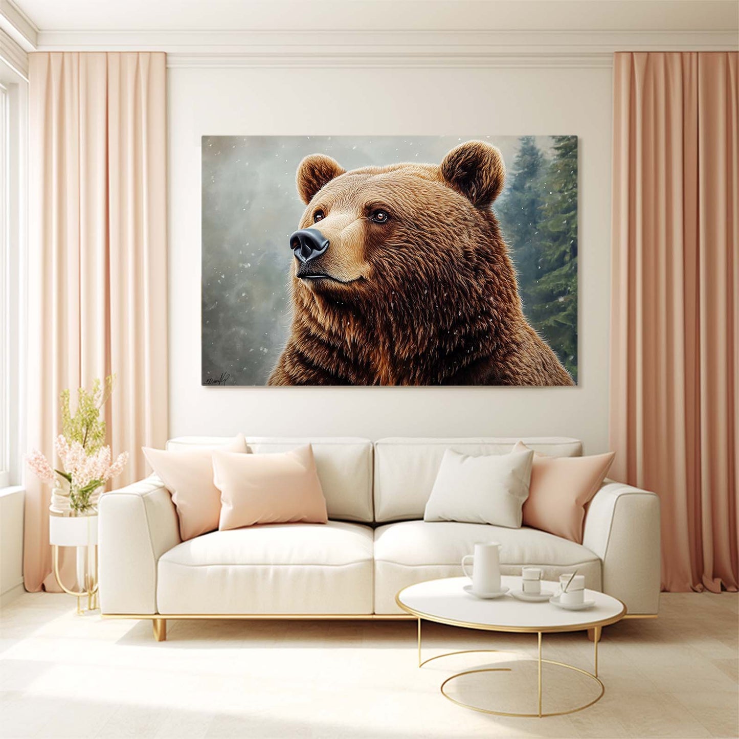 Snowfall Forest Portrait Bear Canvas Art — photography canvas print, styled in a furnished interior