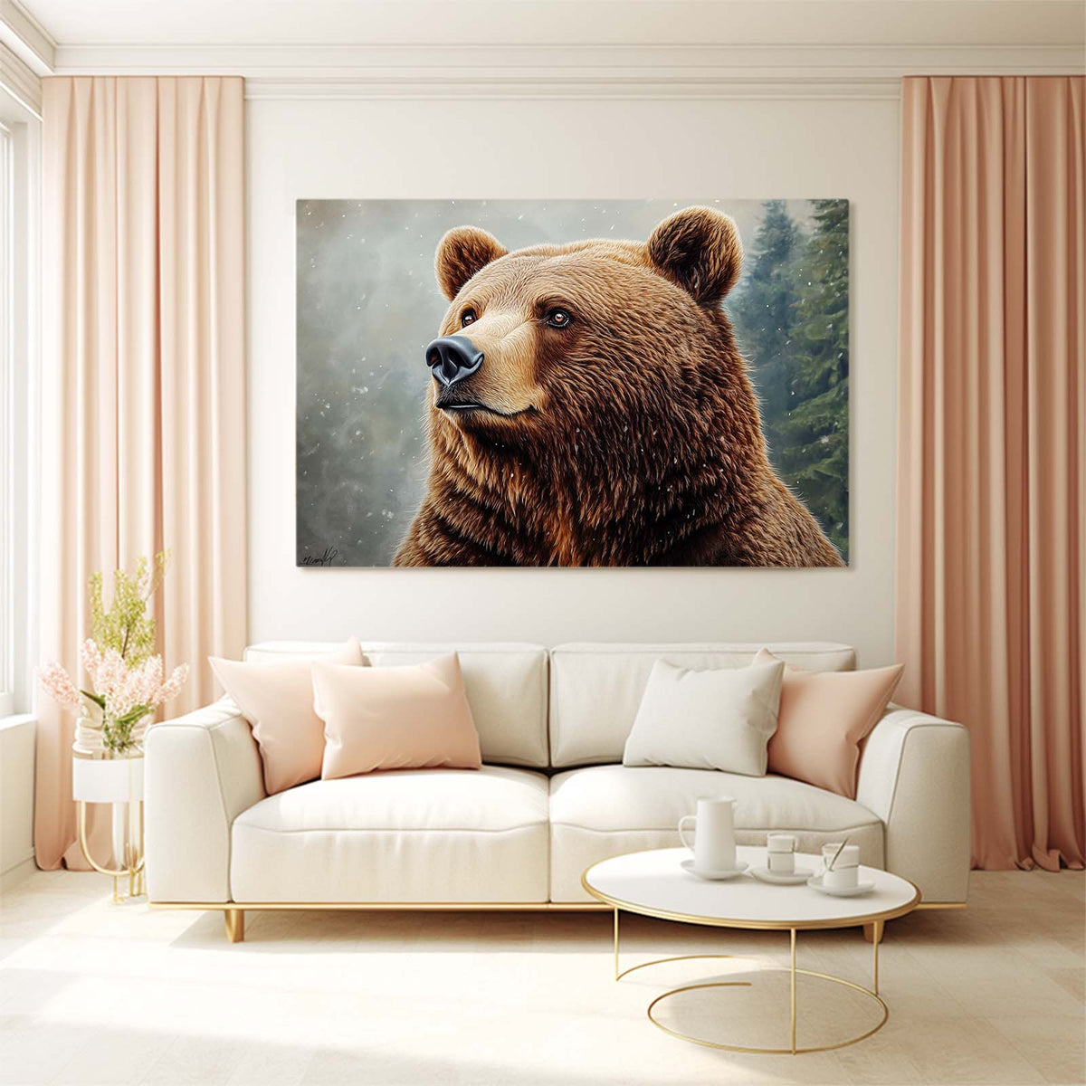 Snowfall Forest Portrait Bear Canvas Art — photography canvas print, styled in a furnished interior