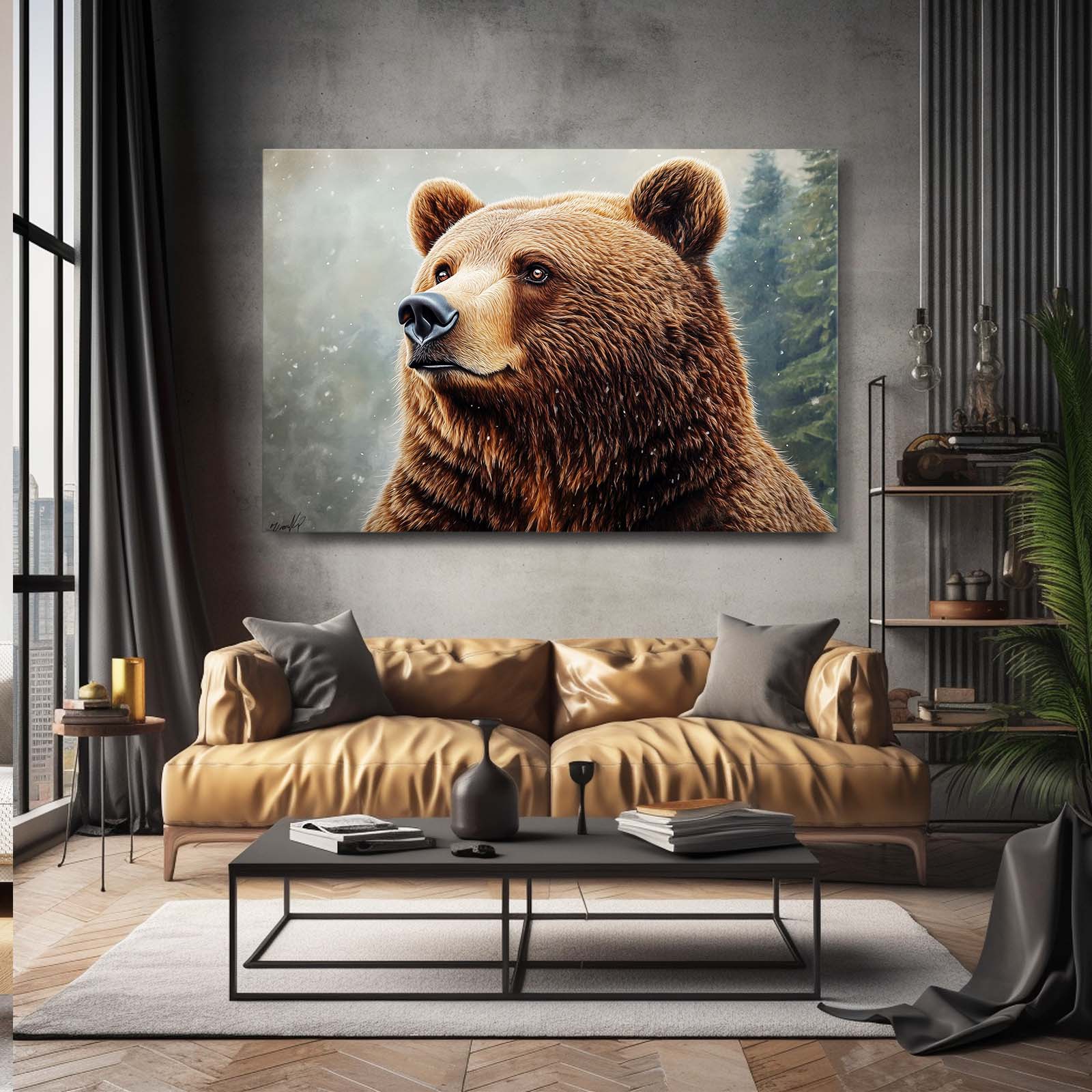 Snowfall Forest Portrait Bear Canvas Art — photography canvas print, styled in a furnished interior