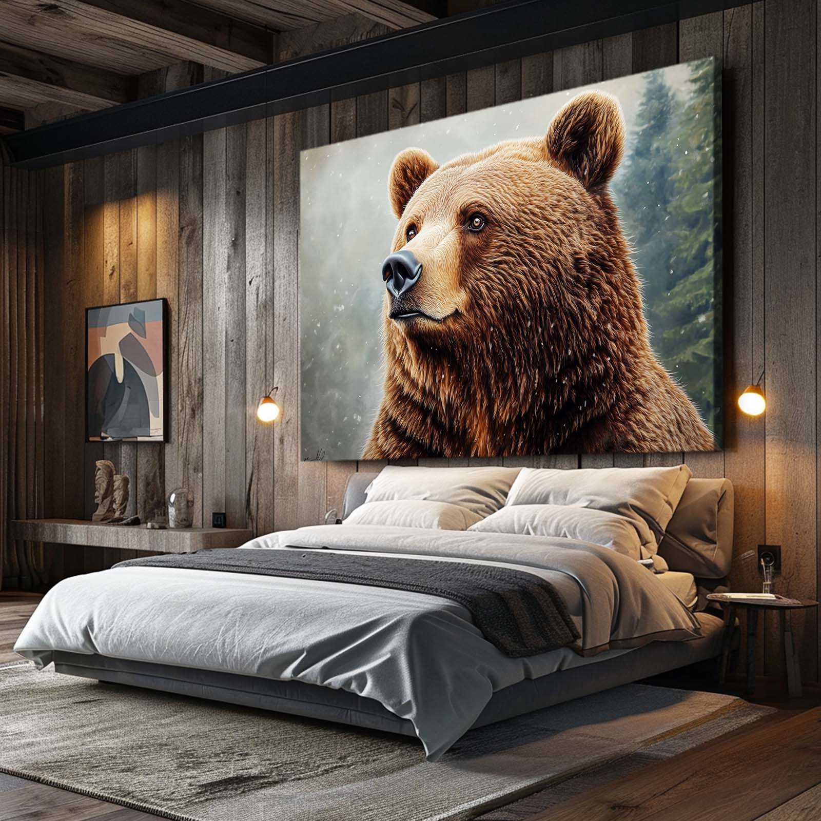 Snowfall Forest Portrait Bear Canvas Art — photography canvas print, styled in a furnished interior
