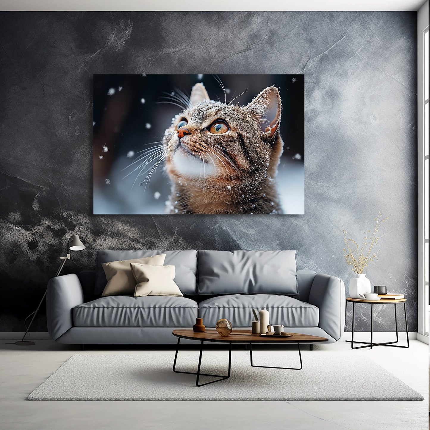 Snowfall Gaze Cat Wall Art — photography canvas print, styled in a furnished interior