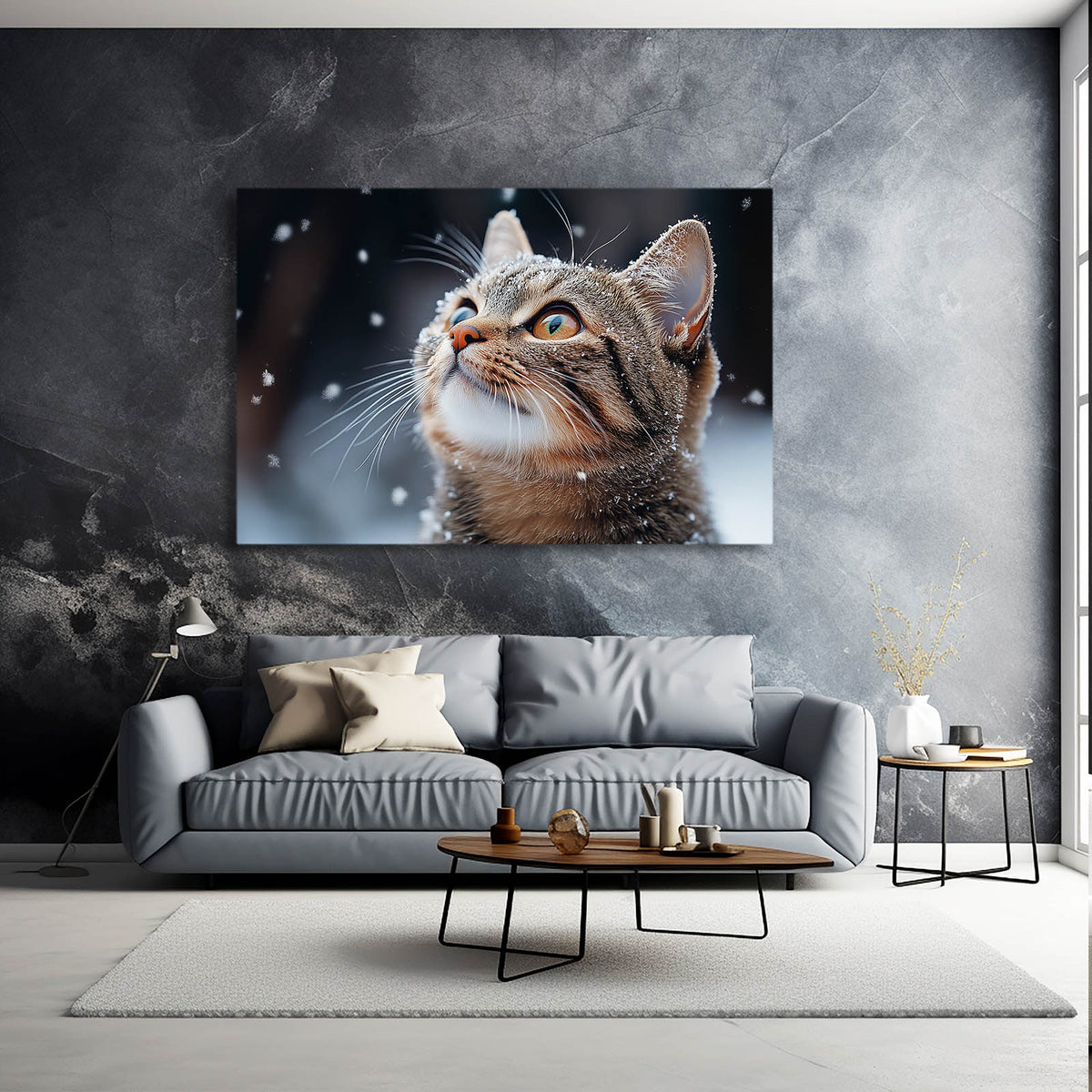 Snowfall Gaze Cat Wall Art — photography canvas print, styled in a furnished interior