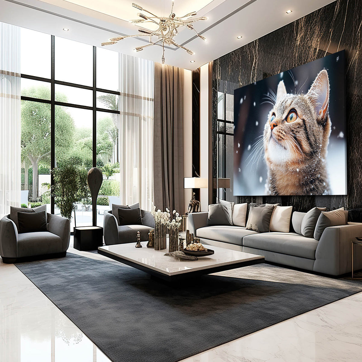 Snowfall Gaze Cat Wall Art — photography canvas print, styled in a furnished interior