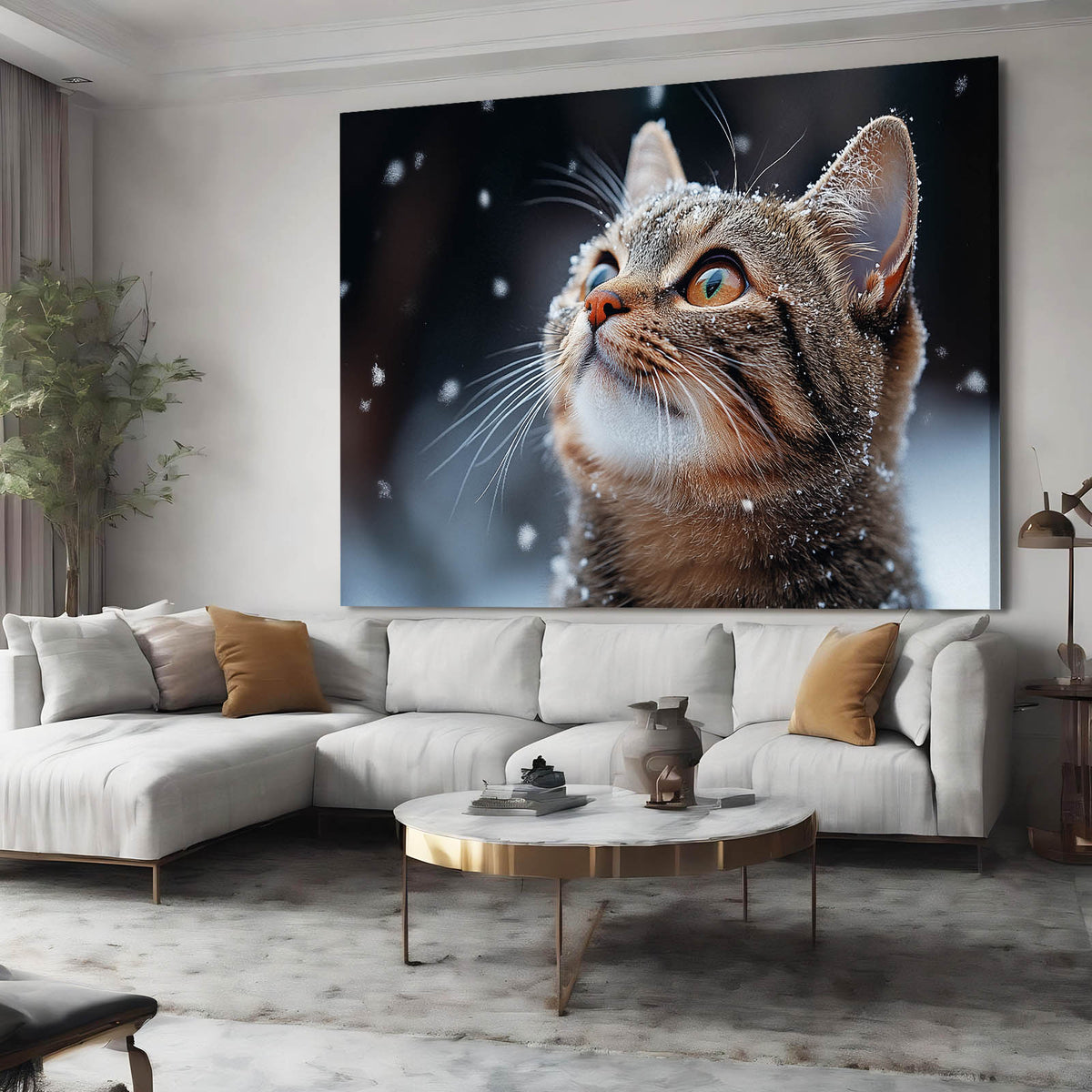 Snowfall Gaze Cat Wall Art — photography canvas print, styled in a furnished interior