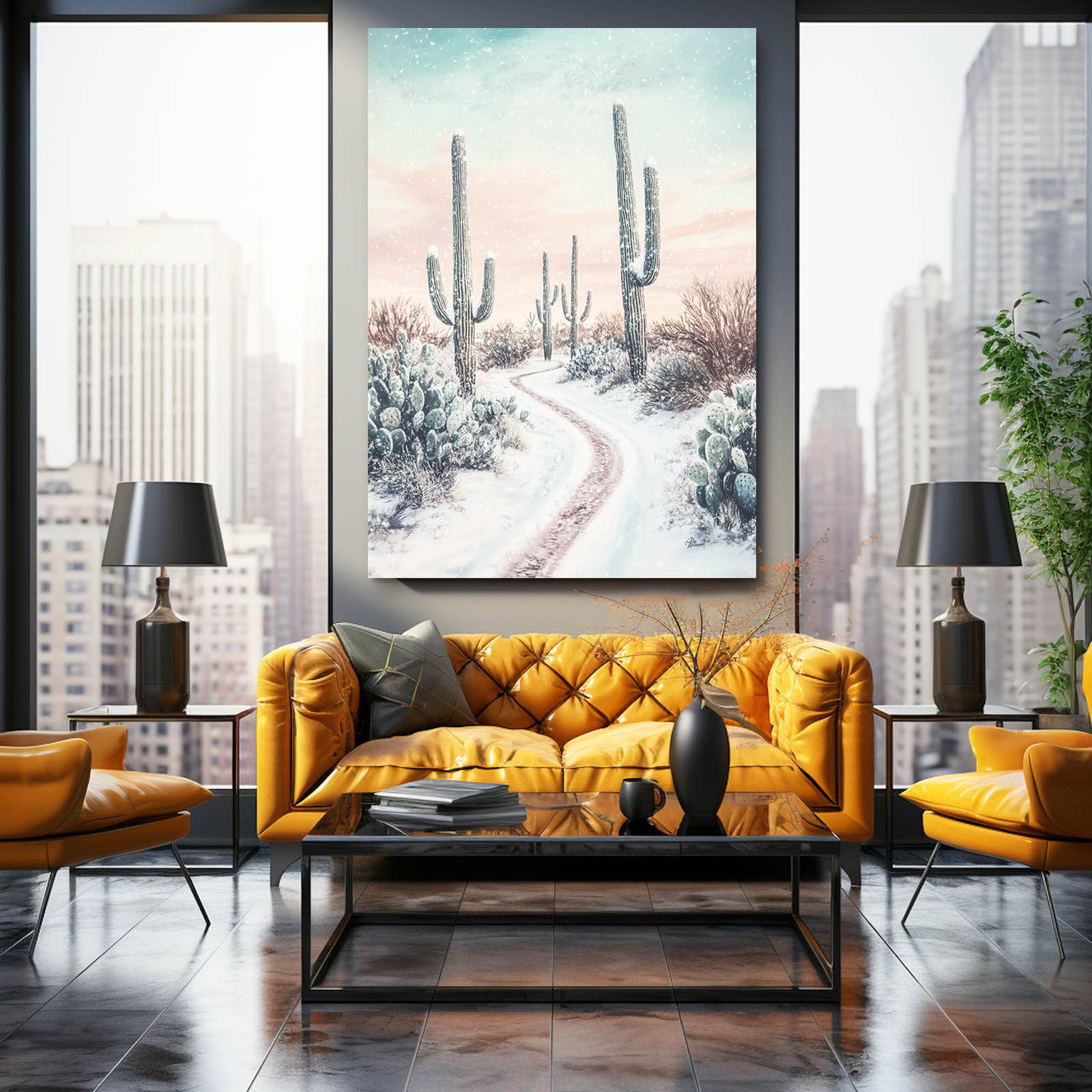 Snowy Desert Trail Cactus Wall Decor – styled in a furnished interior