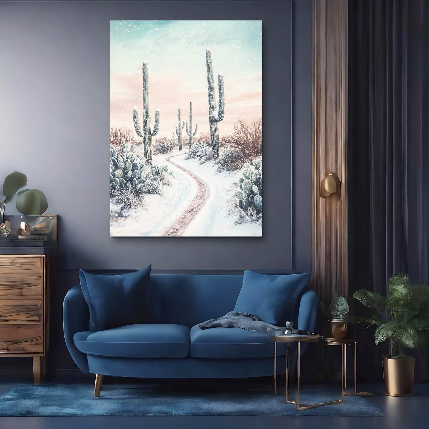 Snowy Desert Trail Cactus Wall Decor – styled in a furnished interior