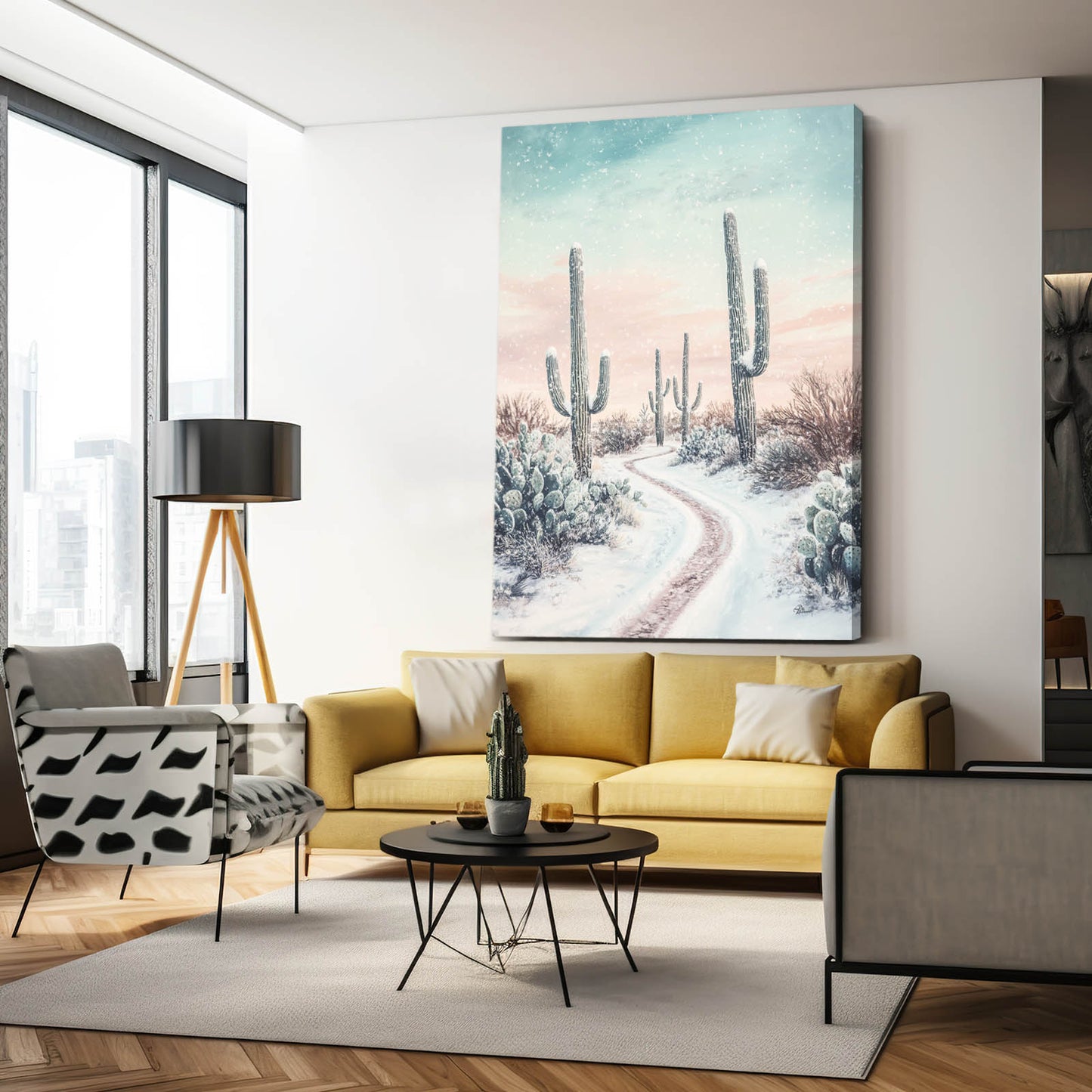 Snowy Desert Trail Cactus Wall Decor – styled in a furnished interior