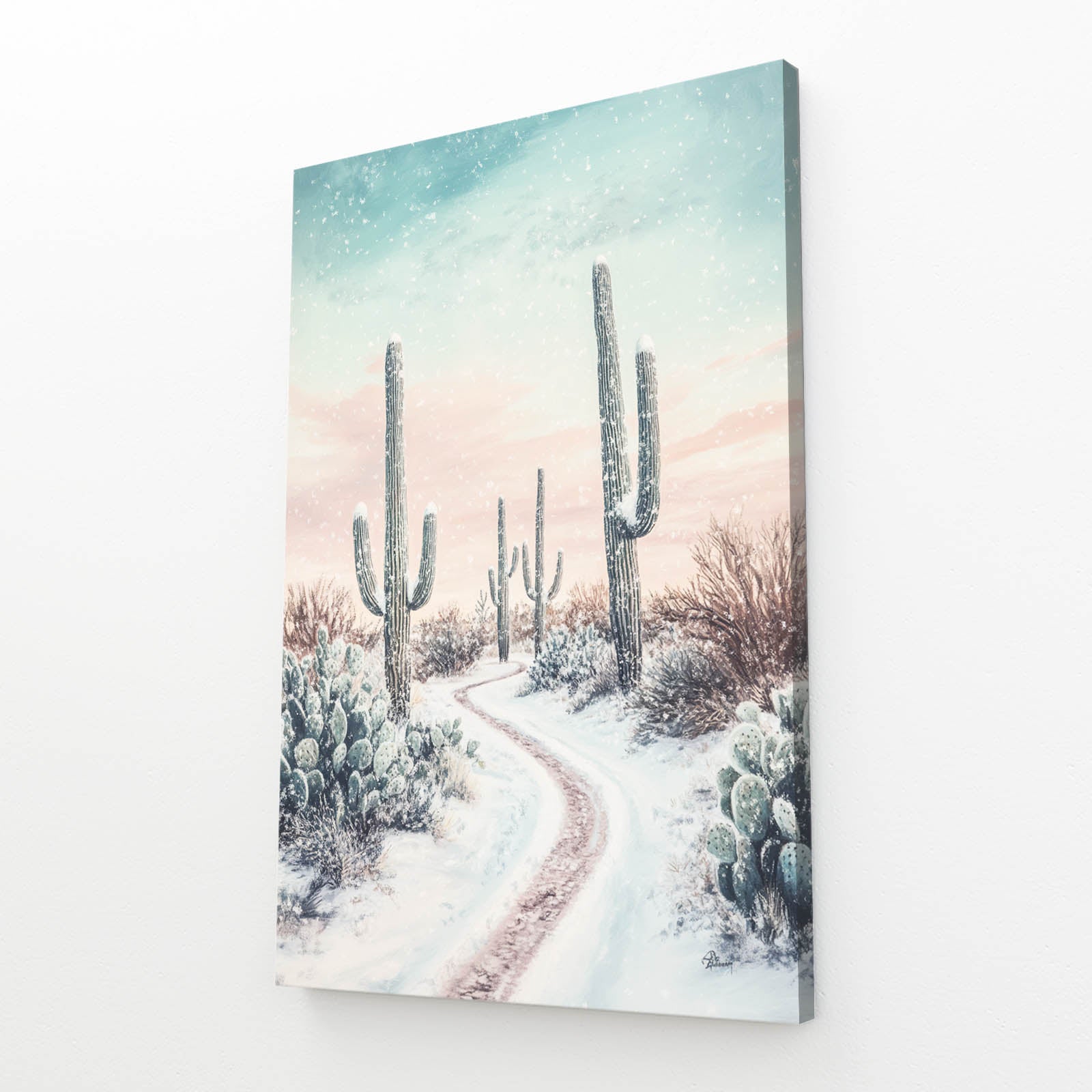 Snowy Desert Trail Cactus Wall Decor – angled canvas view on white background