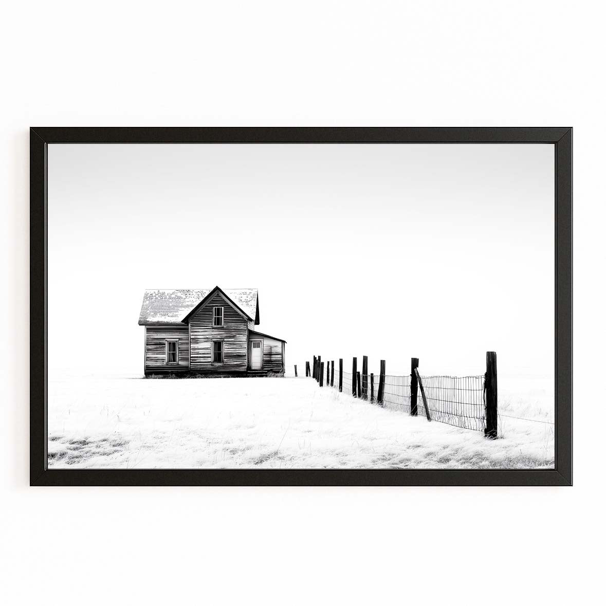 Snowy Fence Farmhouse Farmhouse Canvas – with Premium Black frame on white background