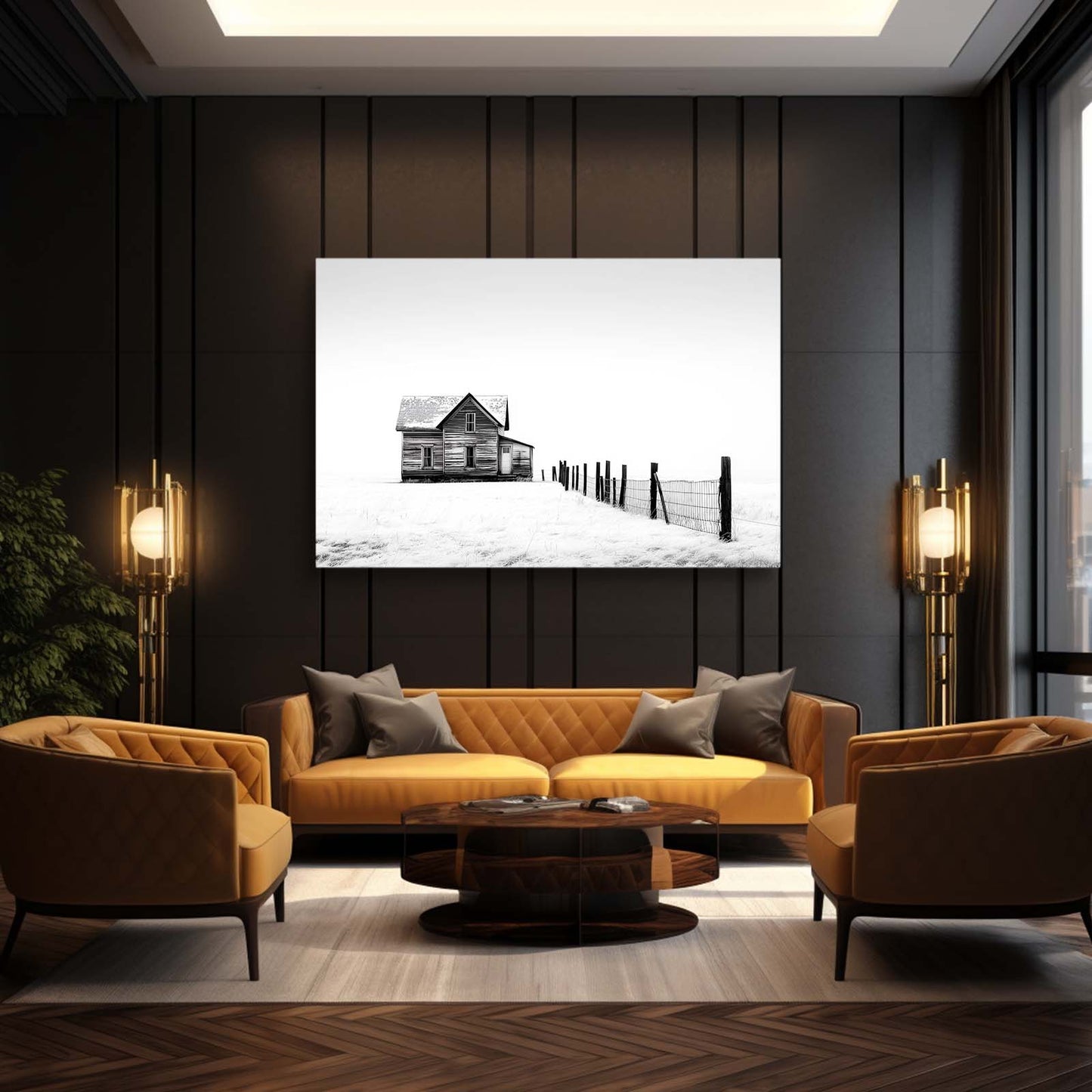 Snowy Fence Farmhouse Farmhouse Canvas – styled in a furnished interior