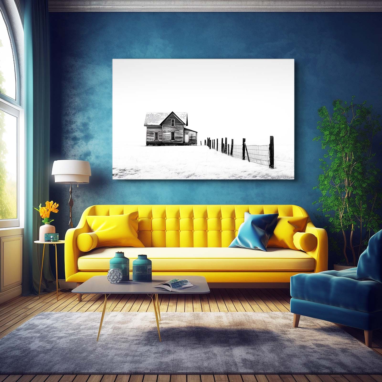 Snowy Fence Farmhouse Farmhouse Canvas – styled in a furnished interior
