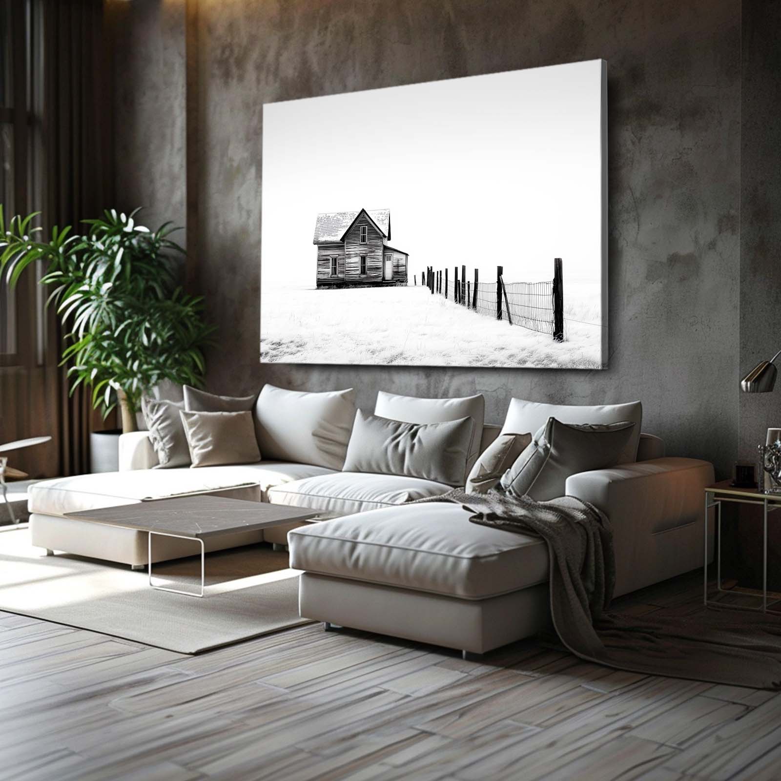Snowy Fence Farmhouse Farmhouse Canvas – styled in a furnished interior
