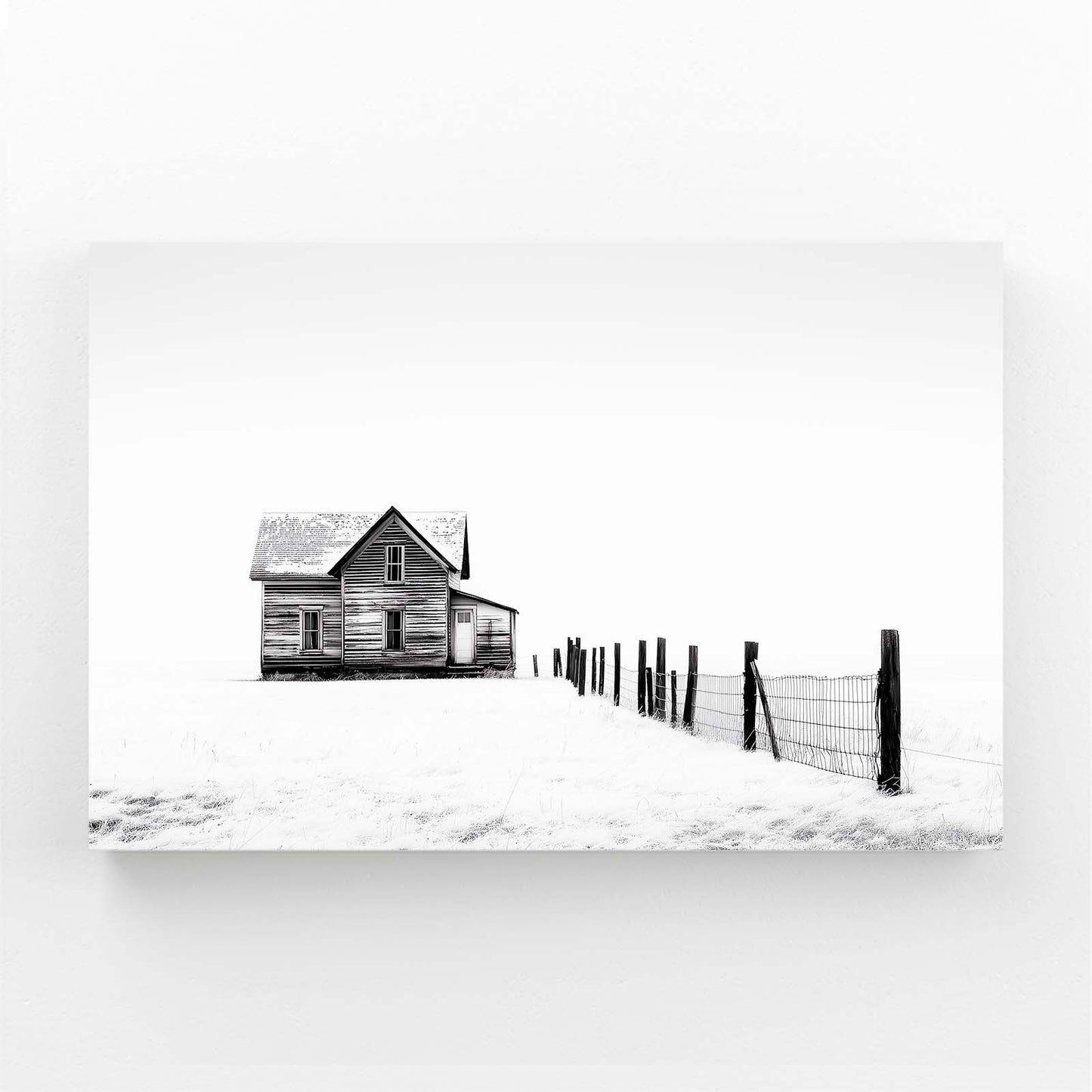 Snowy Fence Farmhouse Canvas – angled canvas view on white background