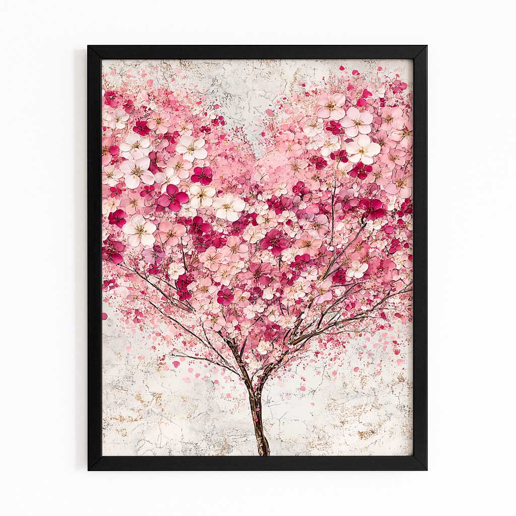 Snowy Petal Tree Cherry Blossom Canvas Art – with Premium Black frame on white background