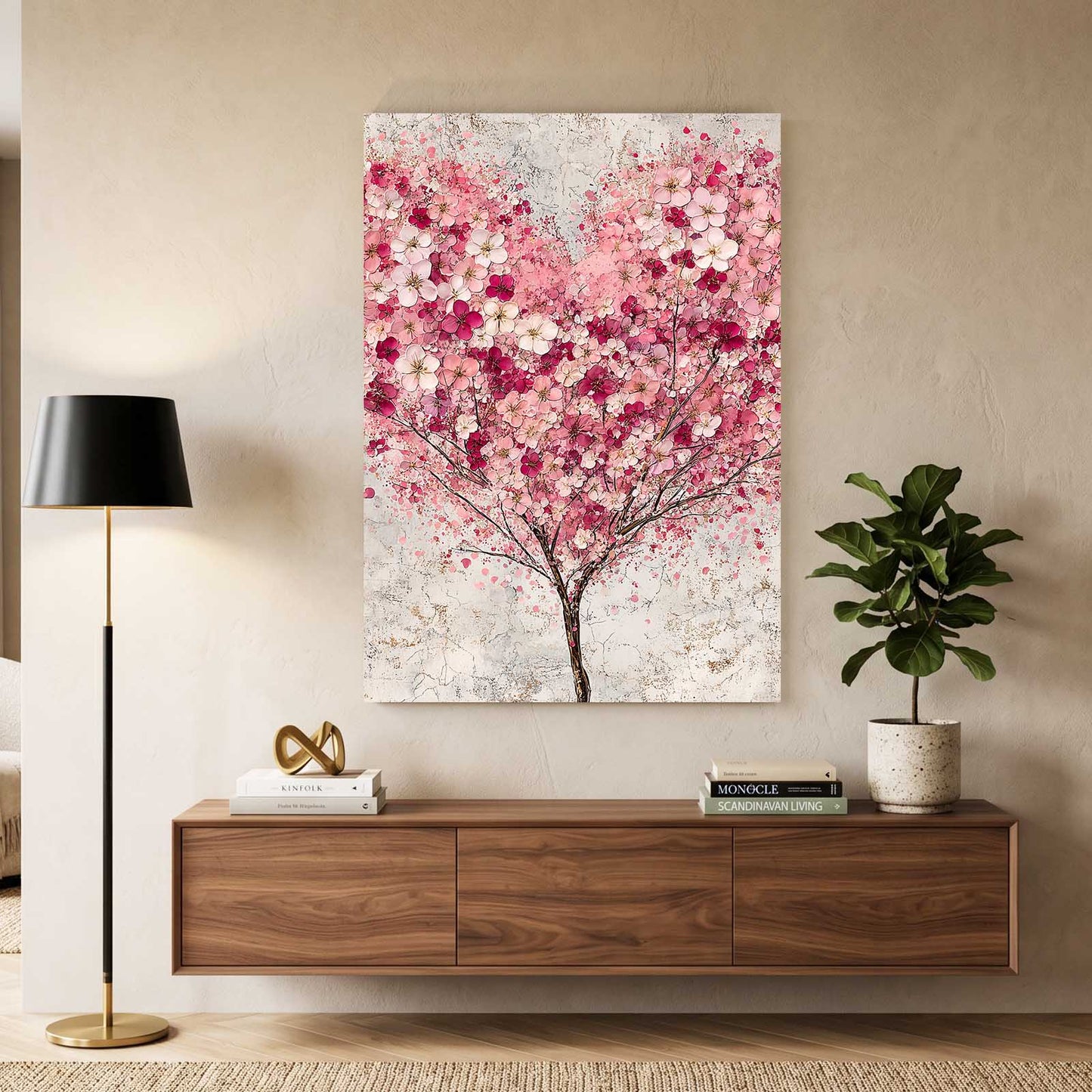 Snowy Petal Tree Cherry Blossom Canvas Art – styled in a furnished interior