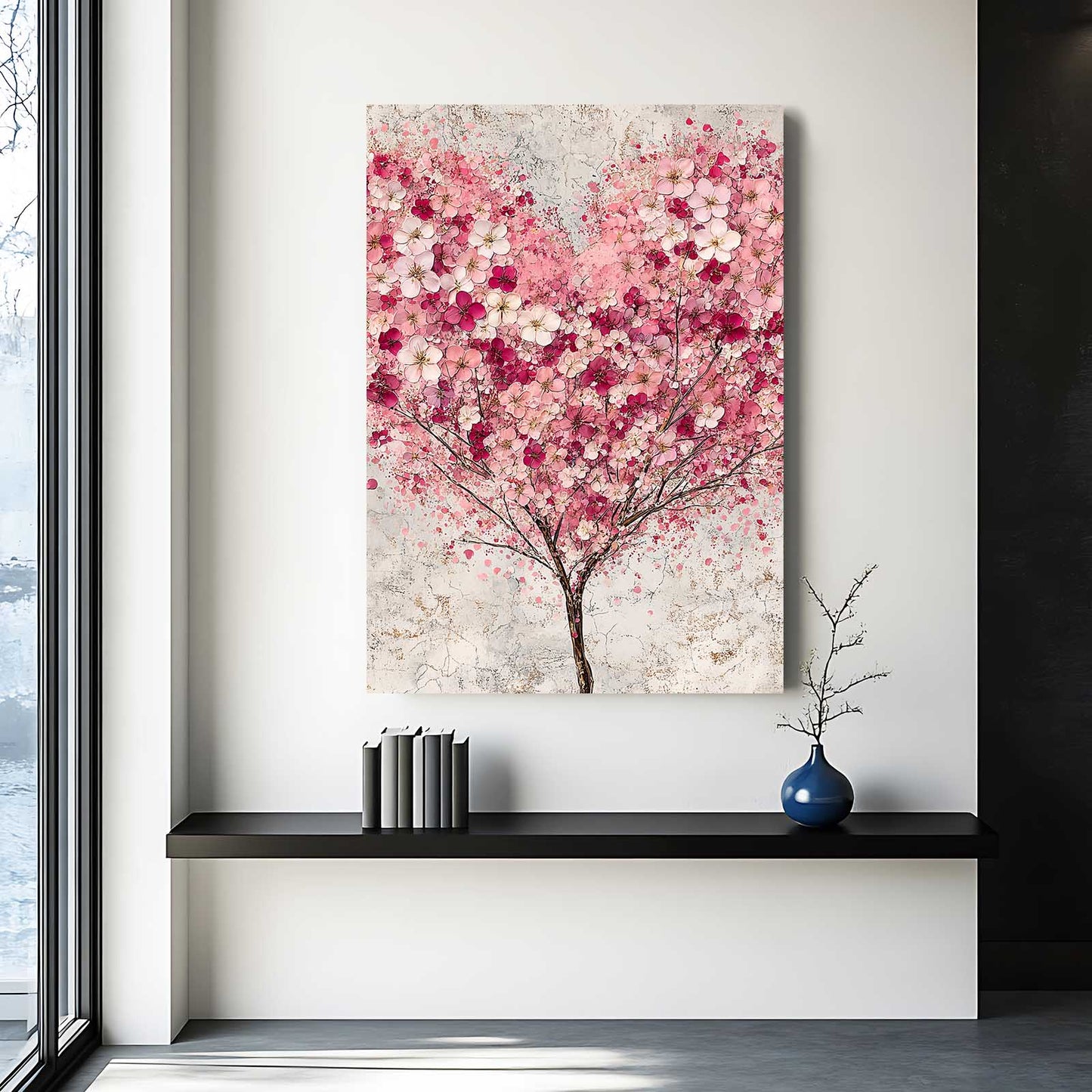 Snowy Petal Tree Cherry Blossom Canvas Art – styled in a furnished interior
