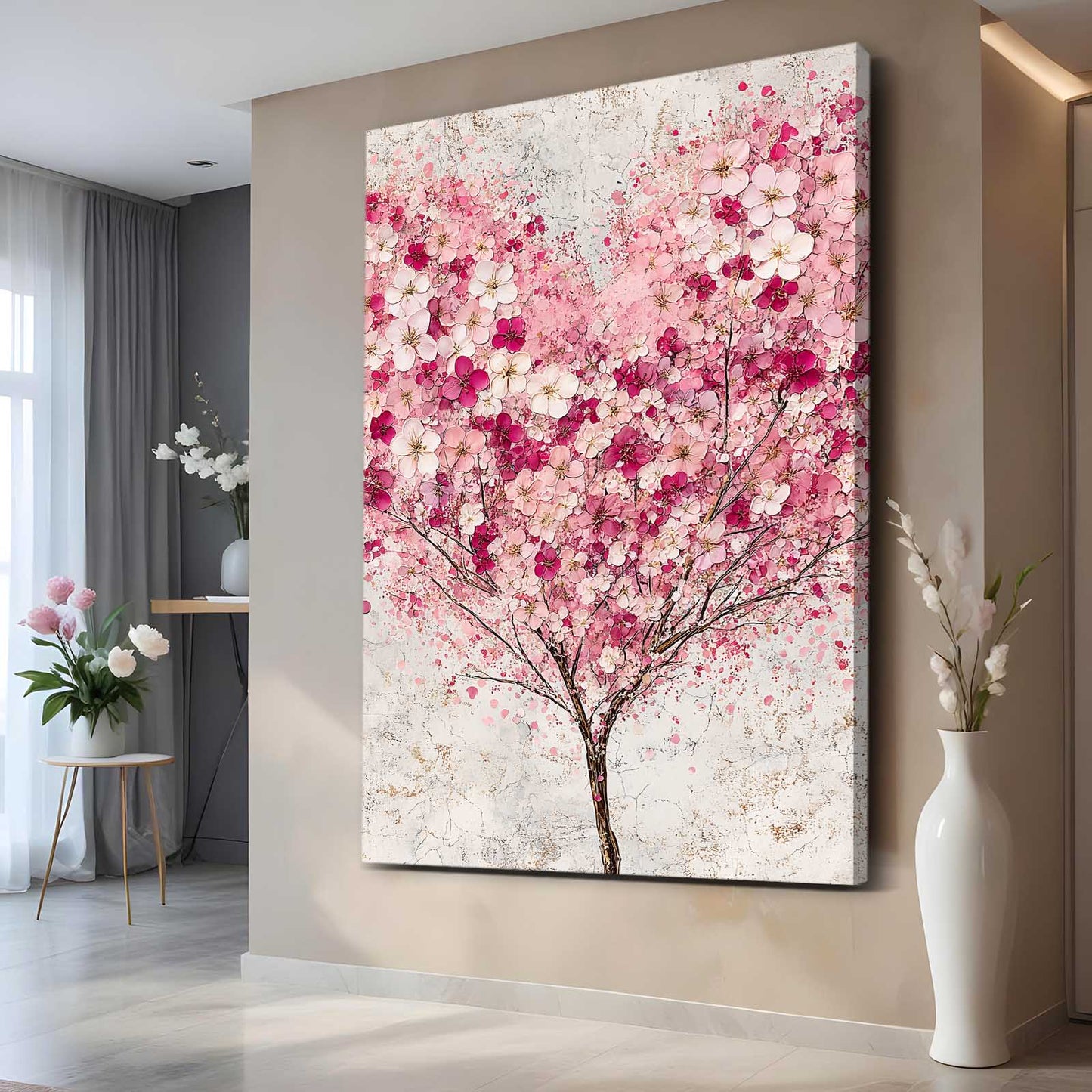 Snowy Petal Tree Cherry Blossom Canvas Art – styled in a furnished interior