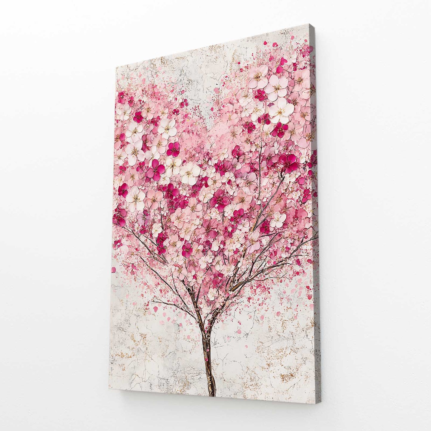 Snowy Petal Tree Cherry Blossom Canvas Art – angled canvas view on white background