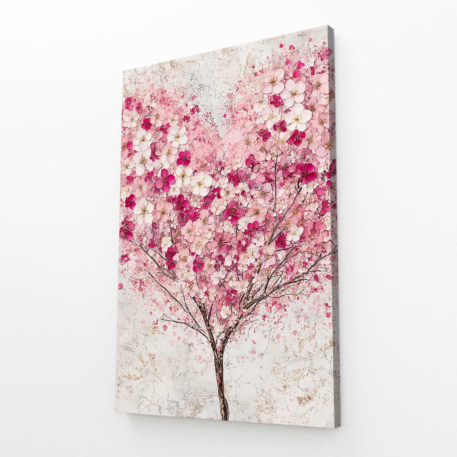 Snowy Petal Tree Cherry Blossom Canvas Art – angled canvas view on white background