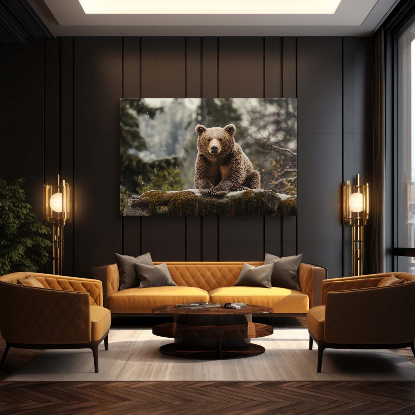 Snowy Rock Cub Bear Wall Art — photography canvas print, styled in a furnished interior