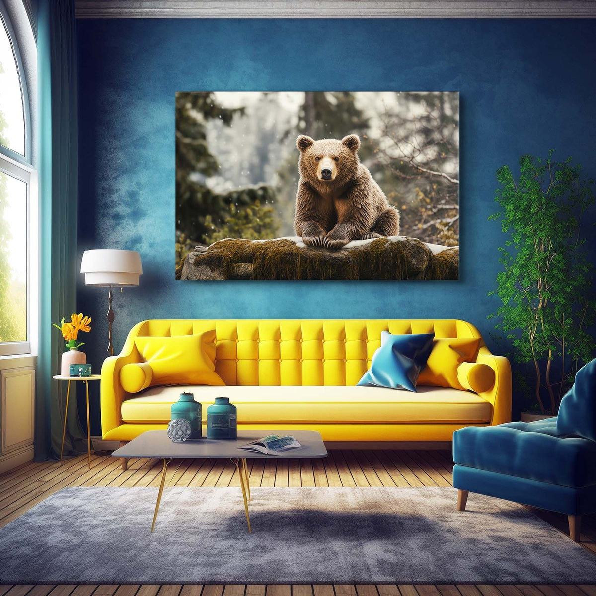 Snowy Rock Cub Bear Wall Art — photography canvas print, styled in a furnished interior