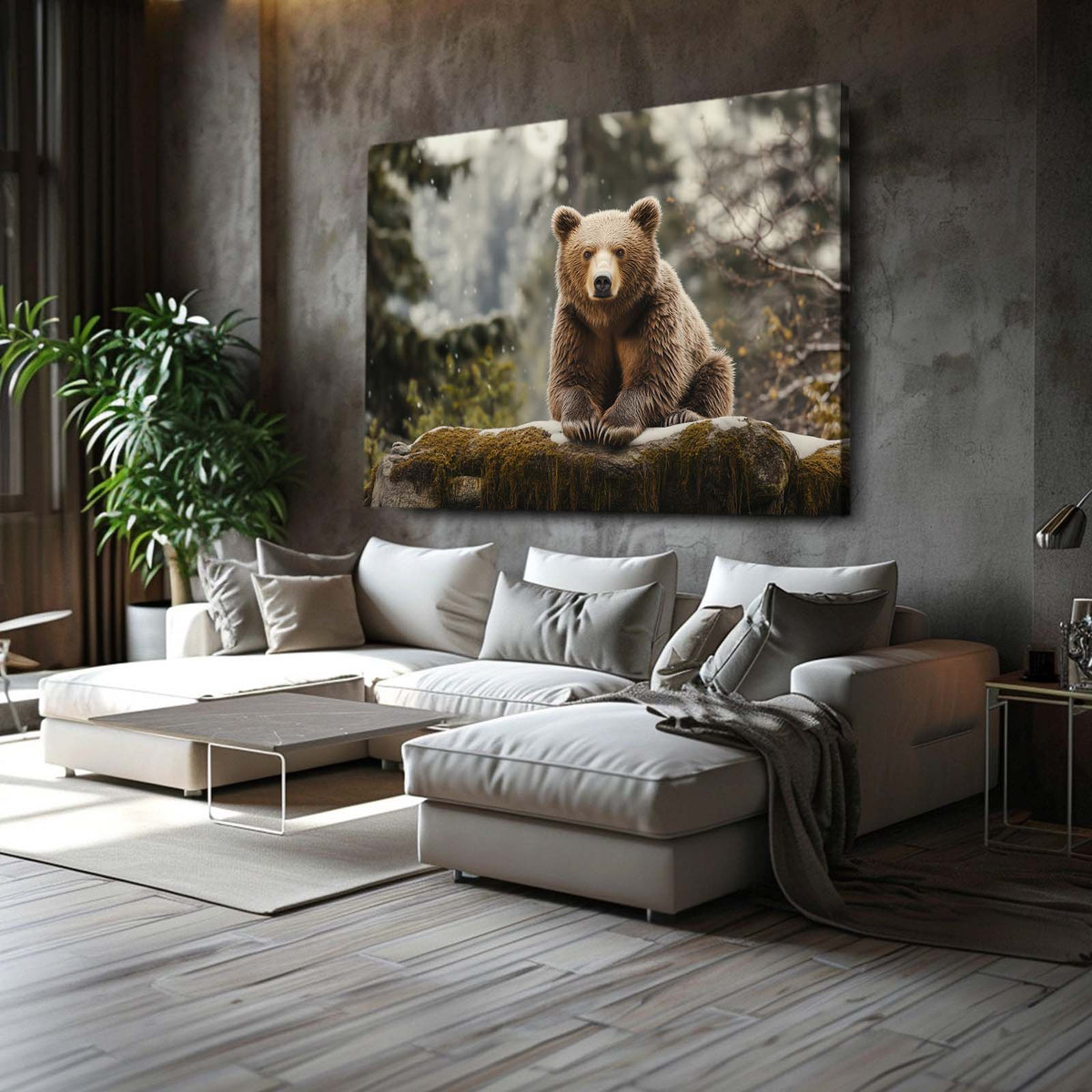 Snowy Rock Cub Bear Wall Art — photography canvas print, styled in a furnished interior