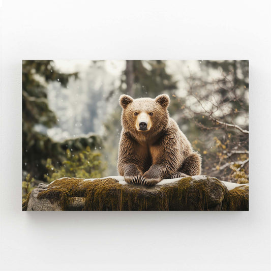 Snowy Rock Cub Bear Wall Art — photography canvas print, angled canvas view on white background