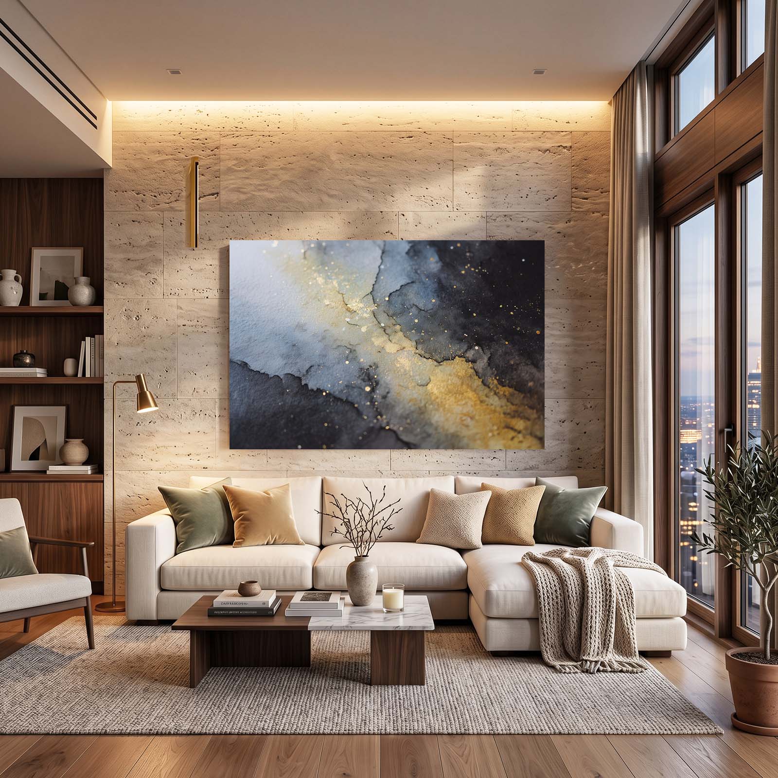 Soft Marble Gold Canvas – styled in a furnished interior