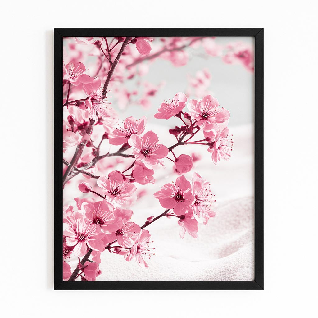 Soft Pastel Branch Cherry Blossom Wall Decor – with Premium Black frame on white background