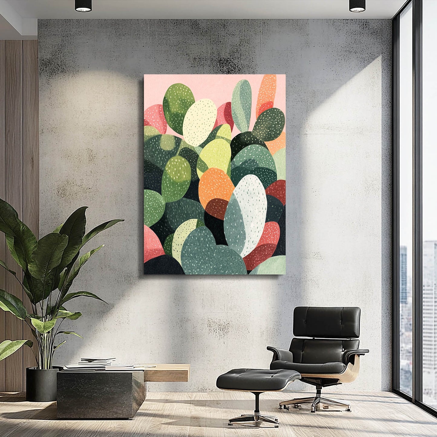 Soft Pastel Paddles Cactus Canvas – styled in a furnished interior