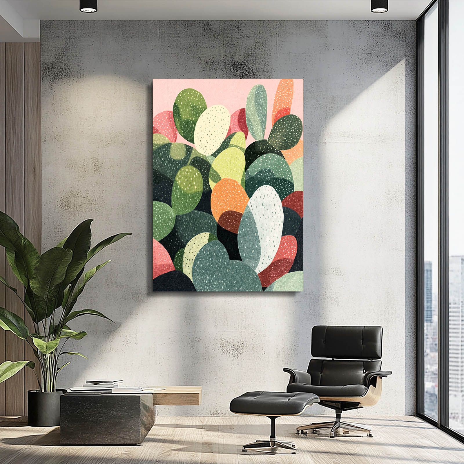 Soft Pastel Paddles Cactus Canvas – styled in a furnished interior