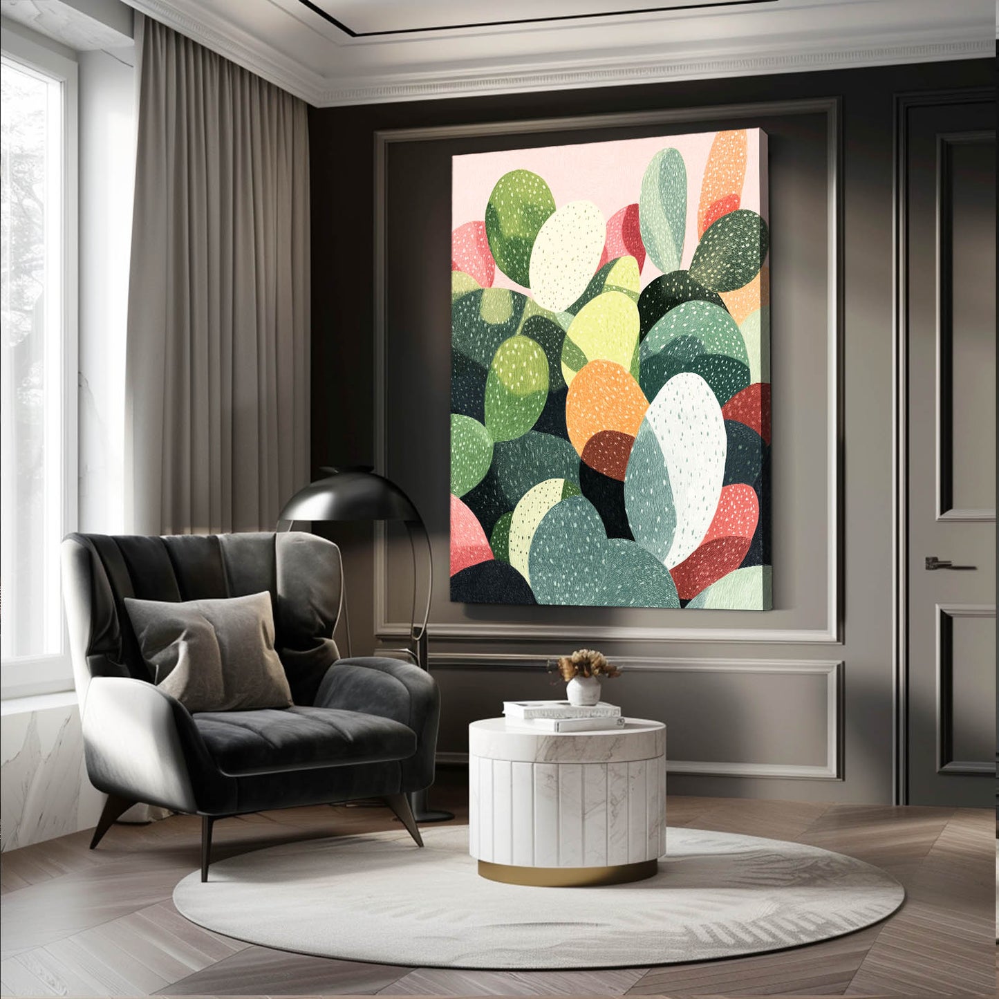 Soft Pastel Paddles Cactus Canvas – styled in a furnished interior