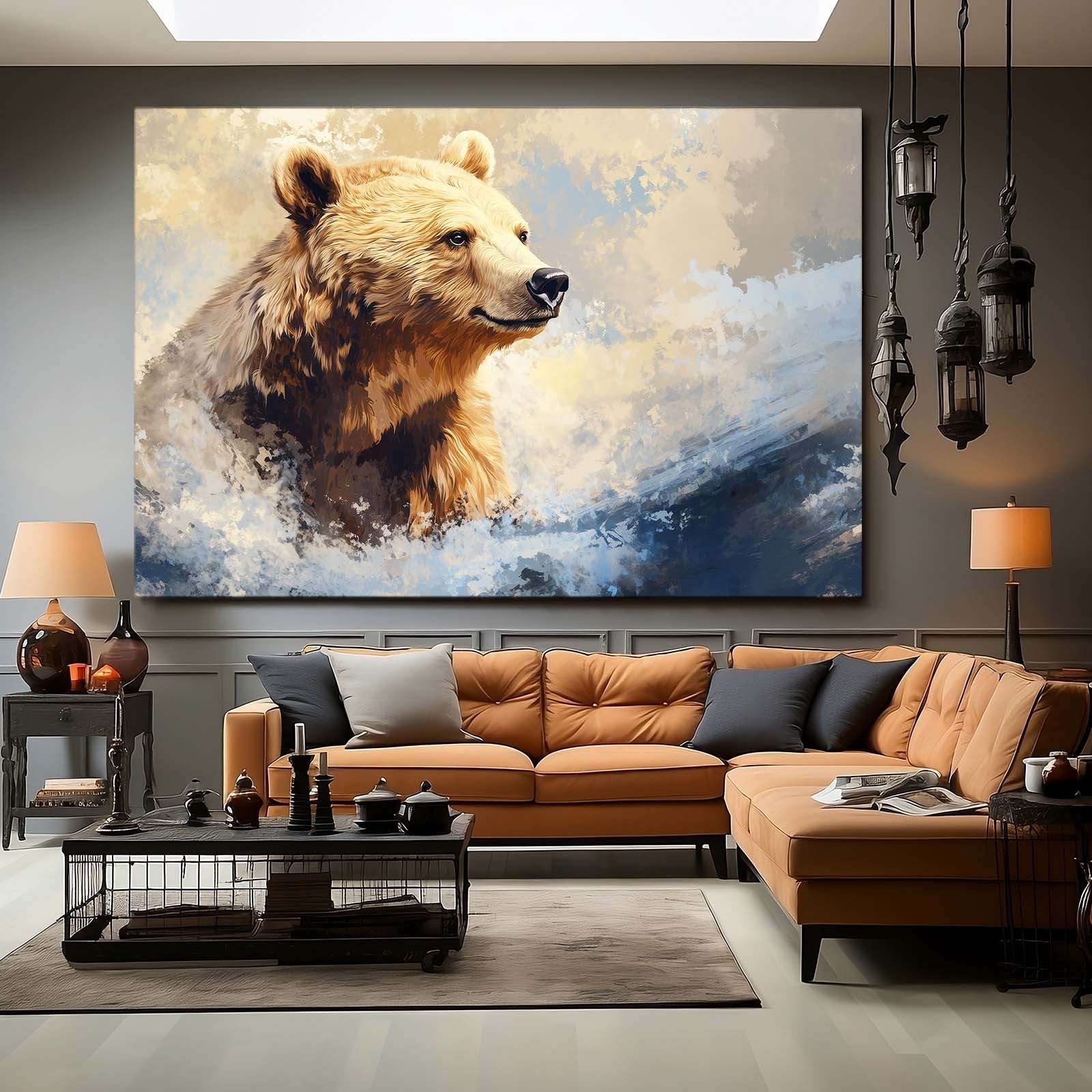 Soft Pastel Wading Bear Art — contemporary canvas print, styled in a furnished interior