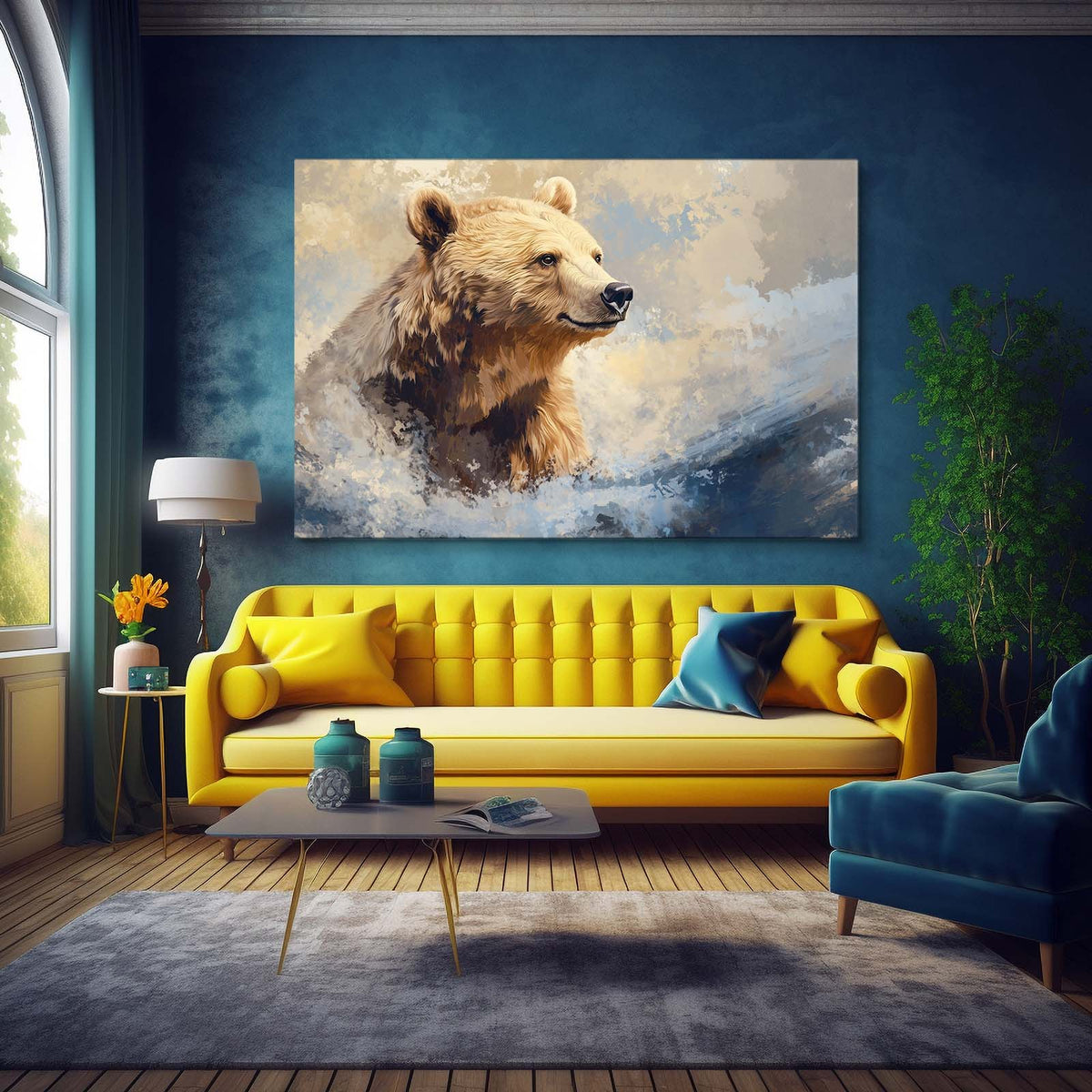 Soft Pastel Wading Bear Art — contemporary canvas print, styled in a furnished interior