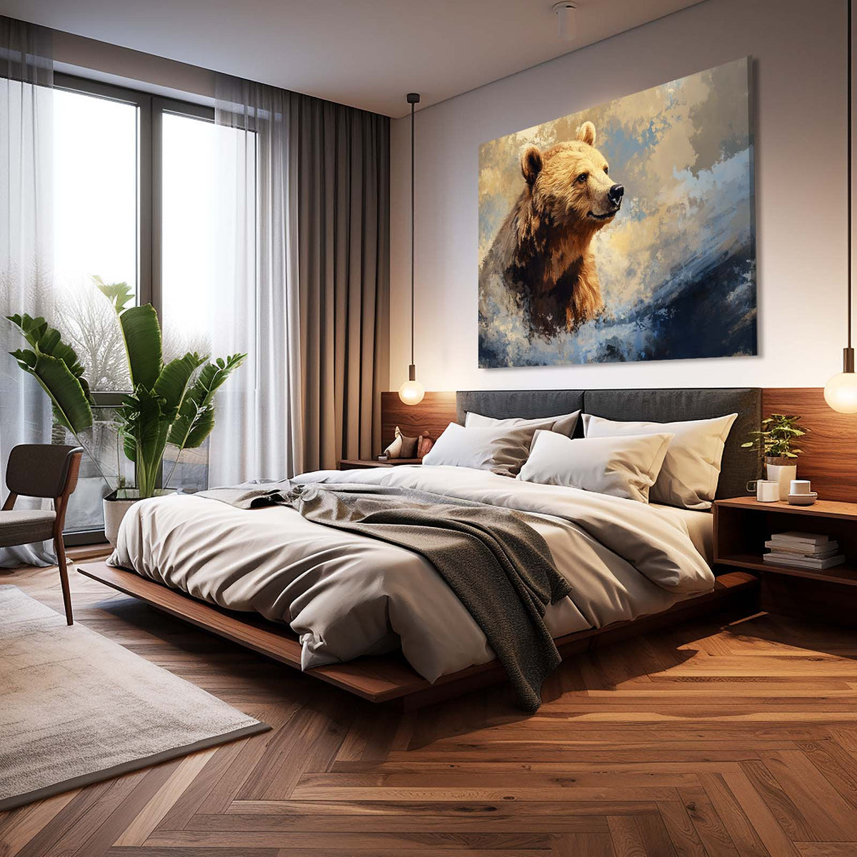 Soft Pastel Wading Bear Art — contemporary canvas print, styled in a furnished interior