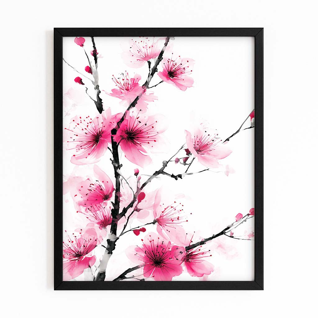 Soft Pink Sprig Cherry Blossom Wall Art – with Premium Black frame on white background