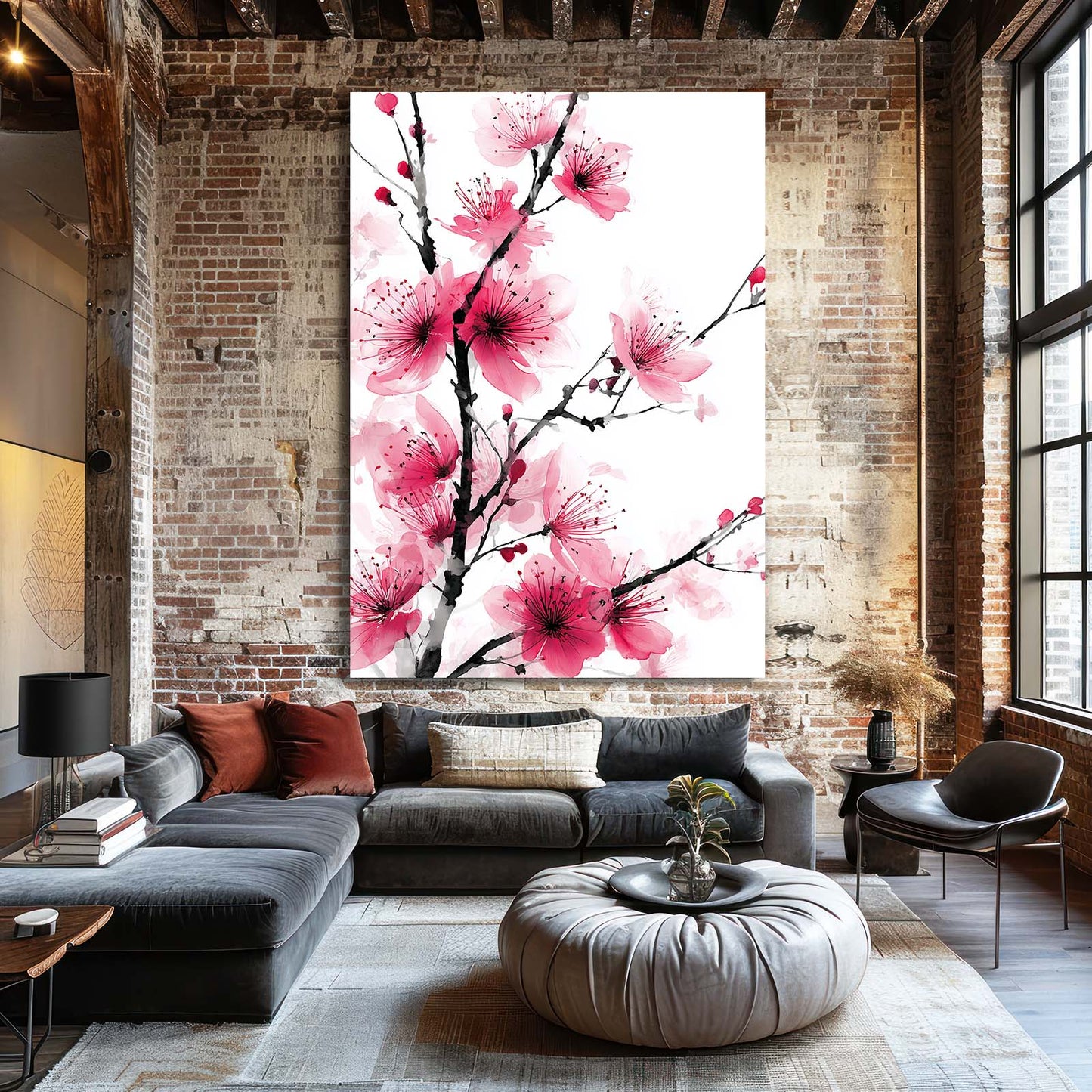 Soft Pink Sprig Cherry Blossom Wall Art – styled in a furnished interior