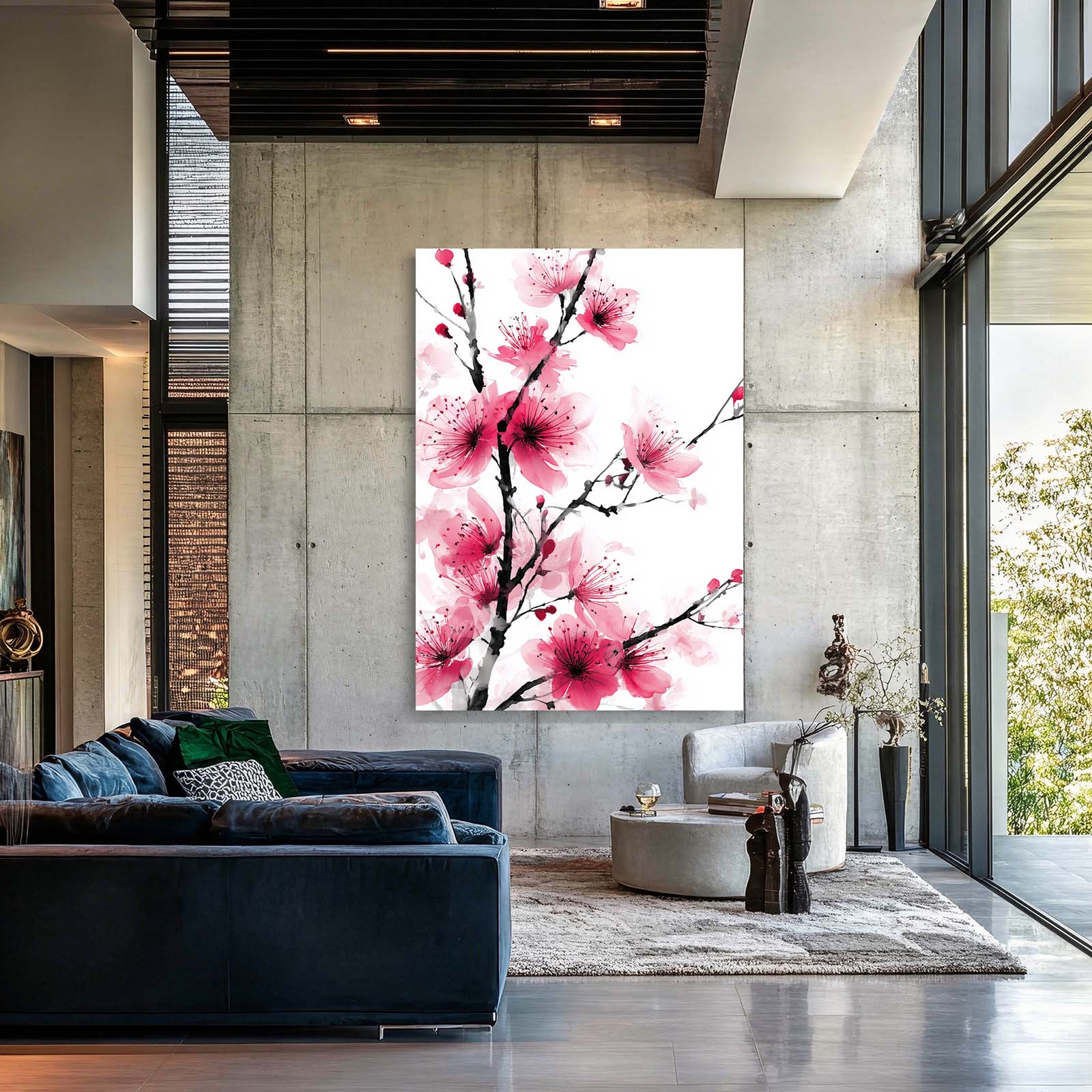 Soft Pink Sprig Cherry Blossom Wall Art – styled in a furnished interior