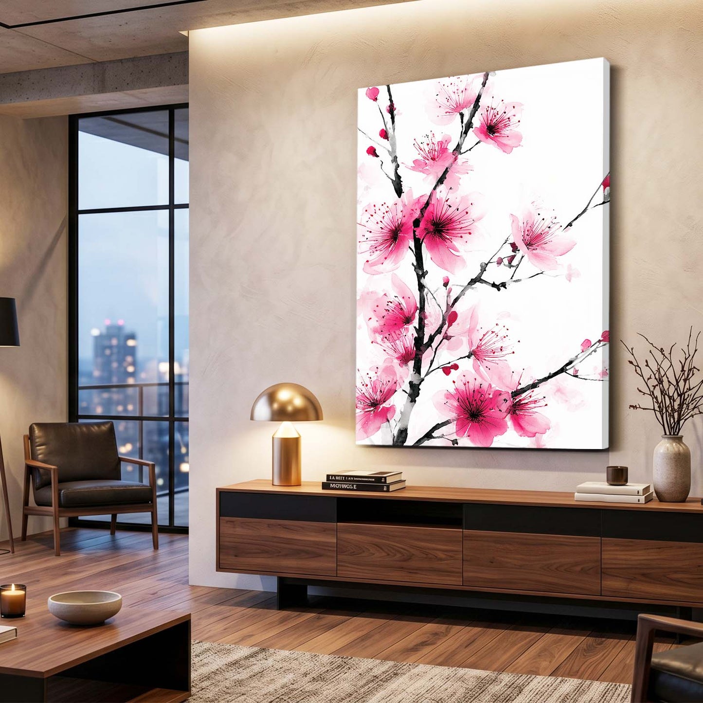 Soft Pink Sprig Cherry Blossom Wall Art – styled in a furnished interior
