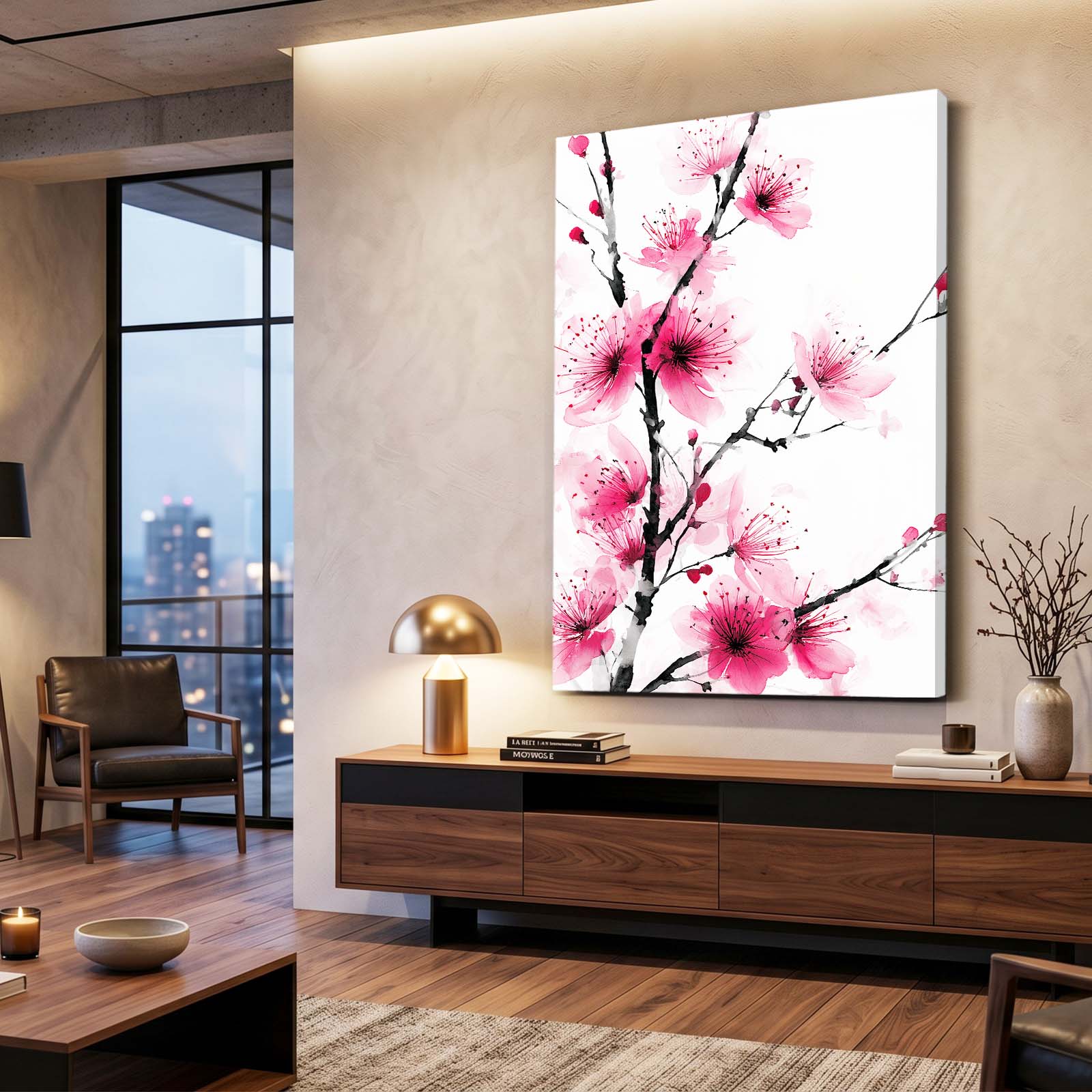 Soft Pink Sprig Cherry Blossom Wall Art – styled in a furnished interior
