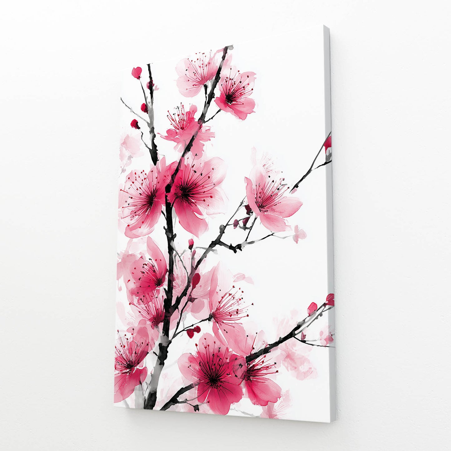 Soft Pink Sprig Cherry Blossom Wall Art – angled canvas view on white background