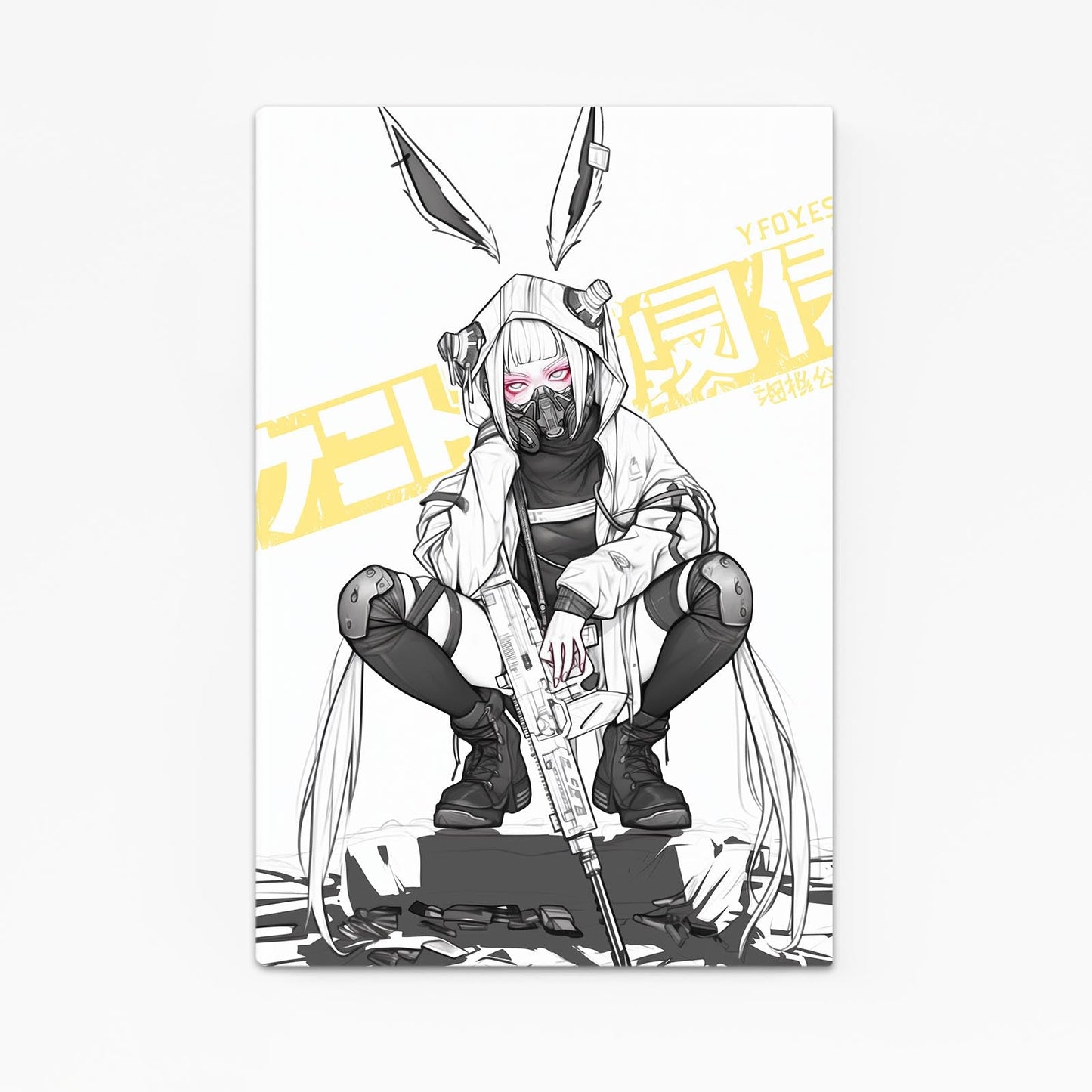 Soldier Cyberpunk Bunny Wall Art – angled canvas view on white background