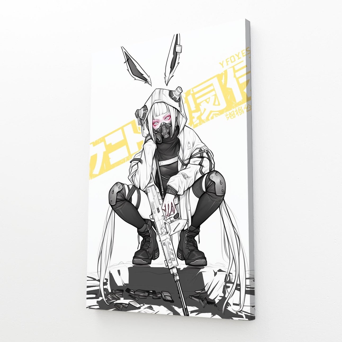 Soldier Cyberpunk Bunny Wall Art – angled canvas view on white background