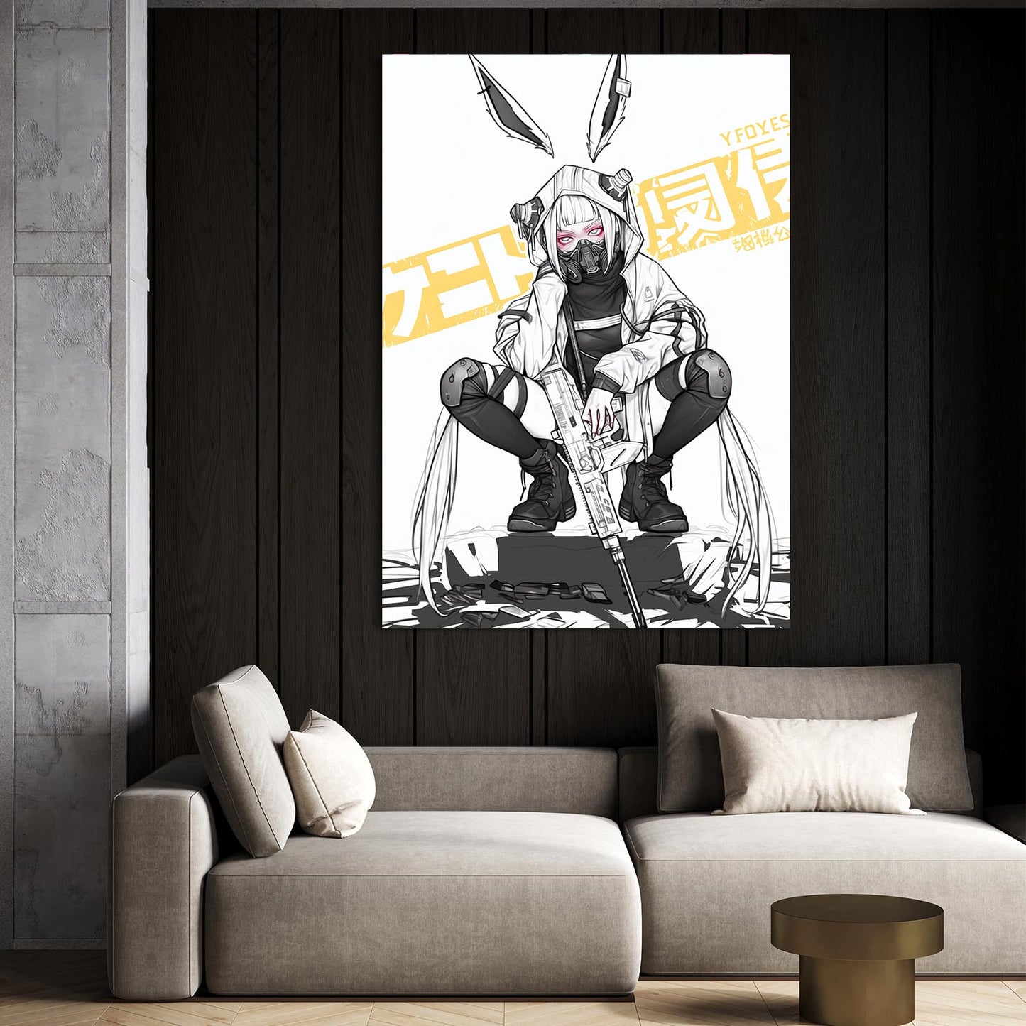 Soldier Cyberpunk Bunny Wall Art – angled canvas view on white background