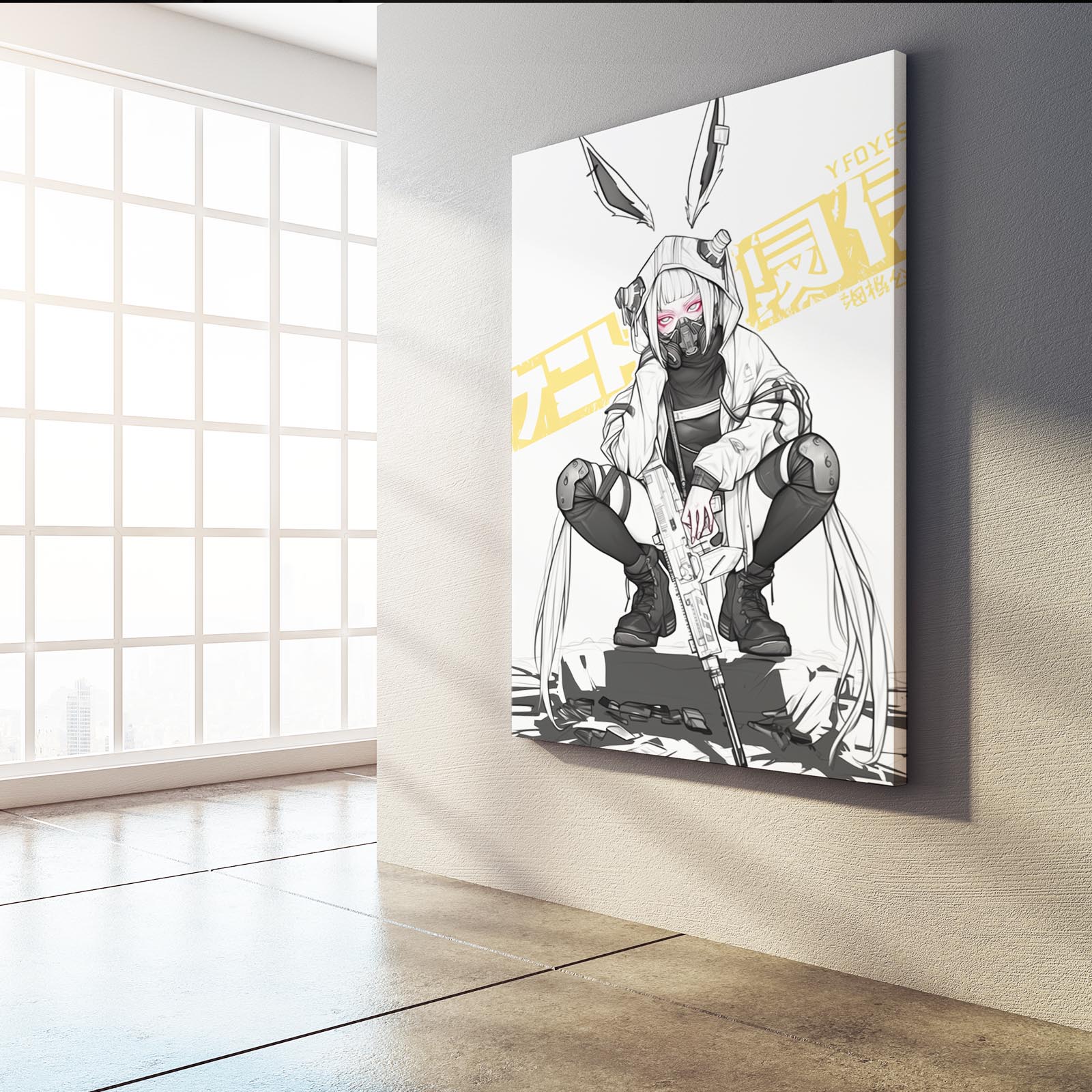 Soldier Cyberpunk Bunny Wall Art – angled canvas view on white background